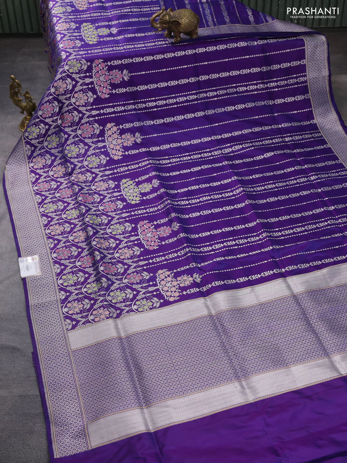 Banarasi uppada silk saree dual shade of bluish purple with allover thread & silver zari woven brocade weaves and silver zari woven border - Image 2