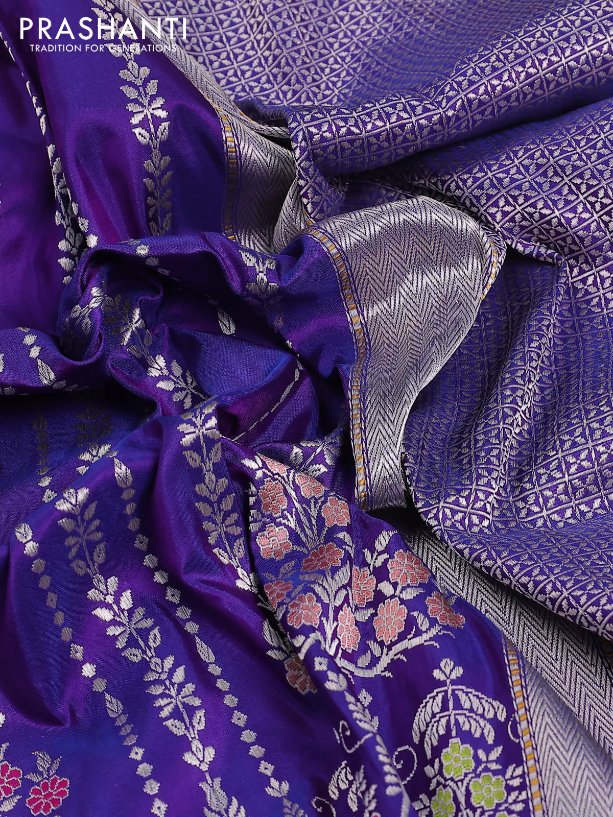 Banarasi uppada silk saree dual shade of bluish purple with allover thread & silver zari woven brocade weaves and silver zari woven border - Image 3