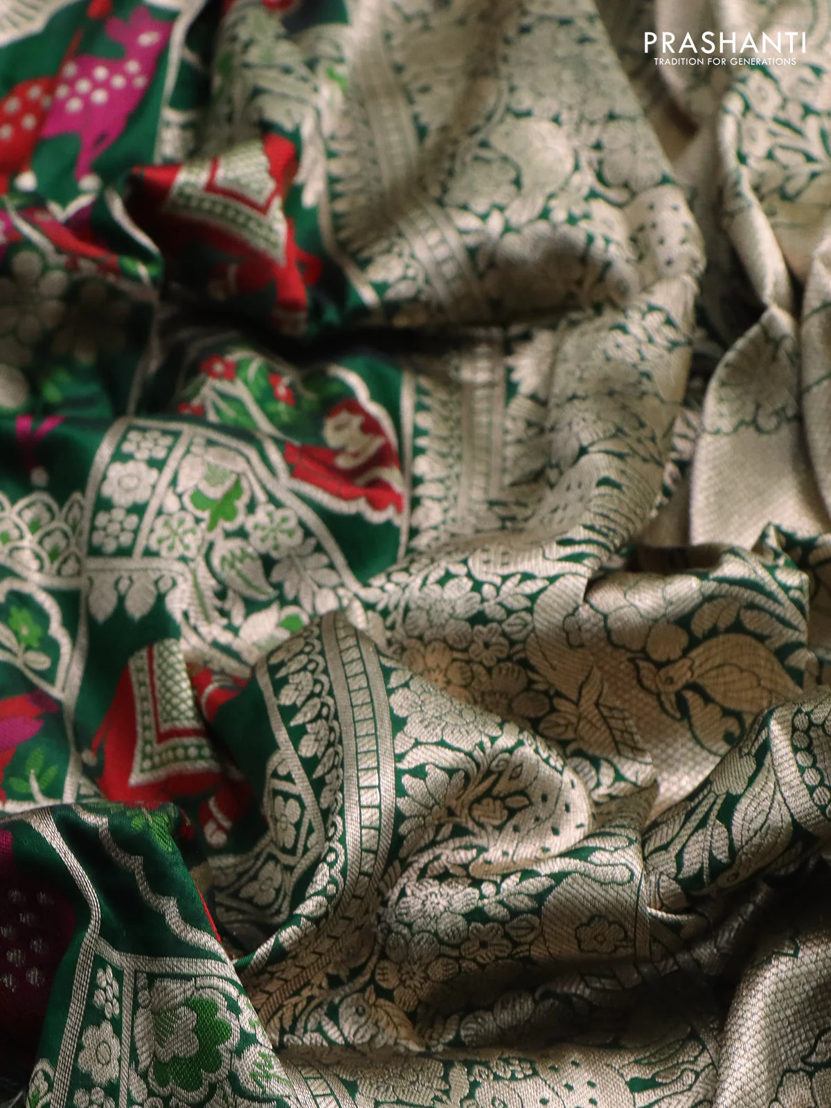 Banarasi uppada silk saree green with allover thread & zari weaves and zari woven border - Image 3