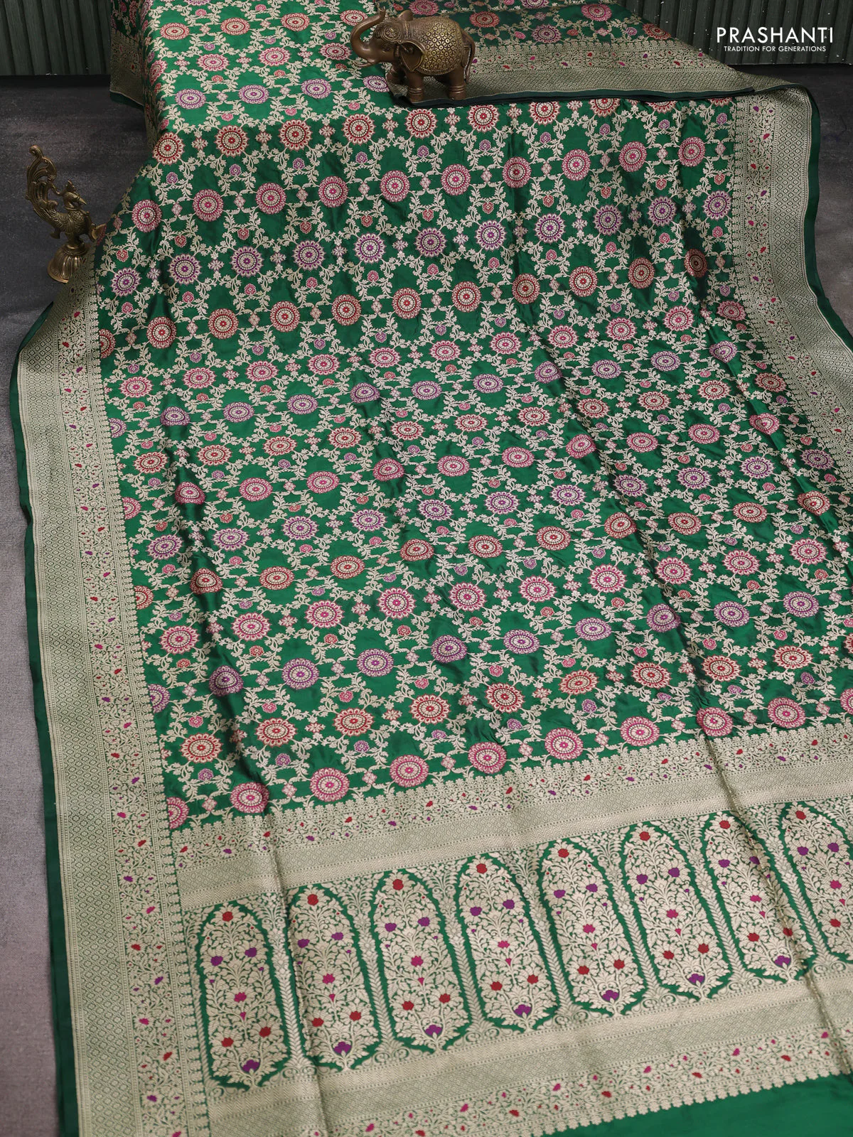 Banarasi uppada silk saree green with allover zari woven brocade weaves and zari woven border - Image 2