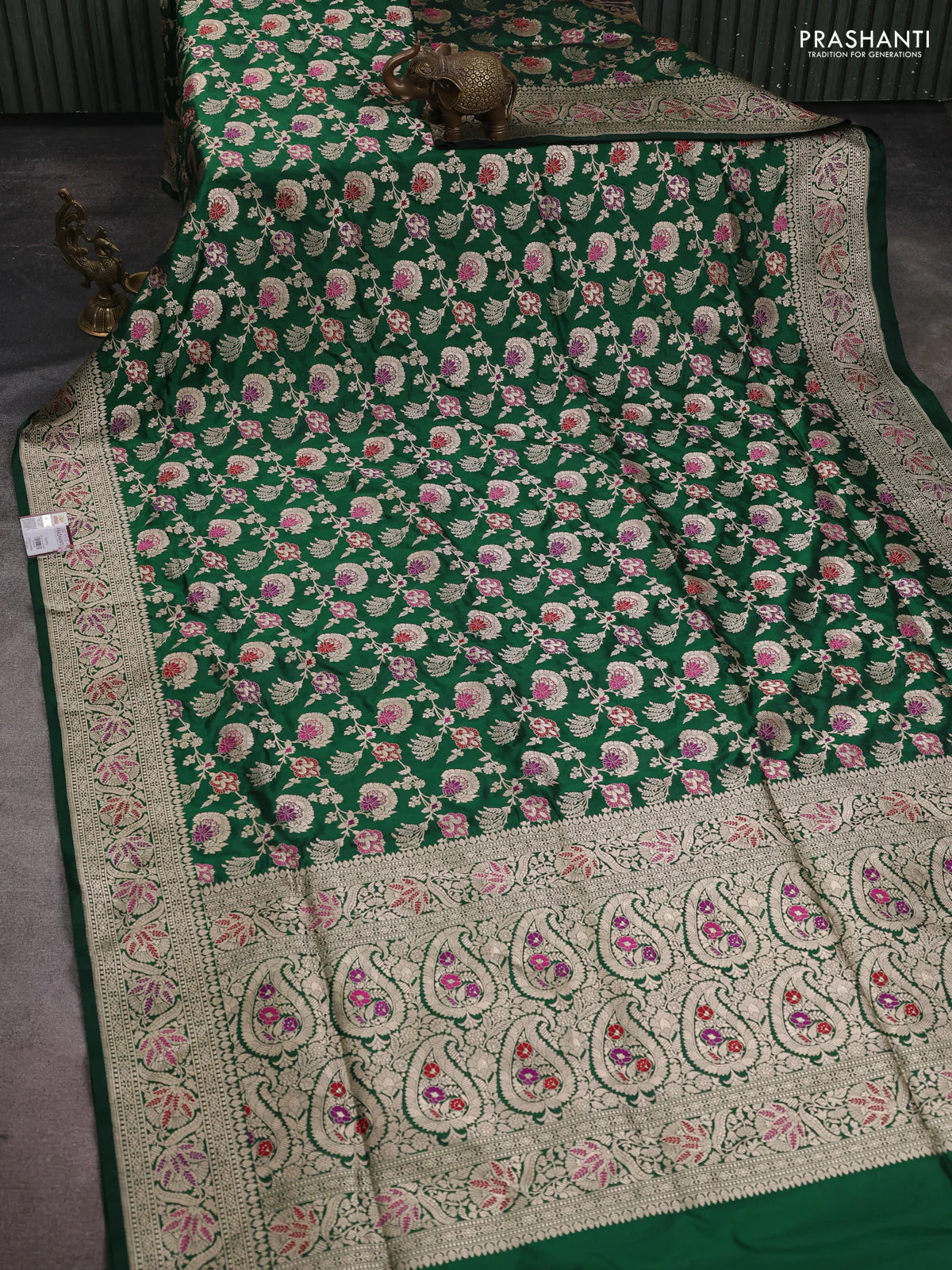 Banarasi uppada silk saree green with allover zari woven brocade weaves and zari woven border - Image 2