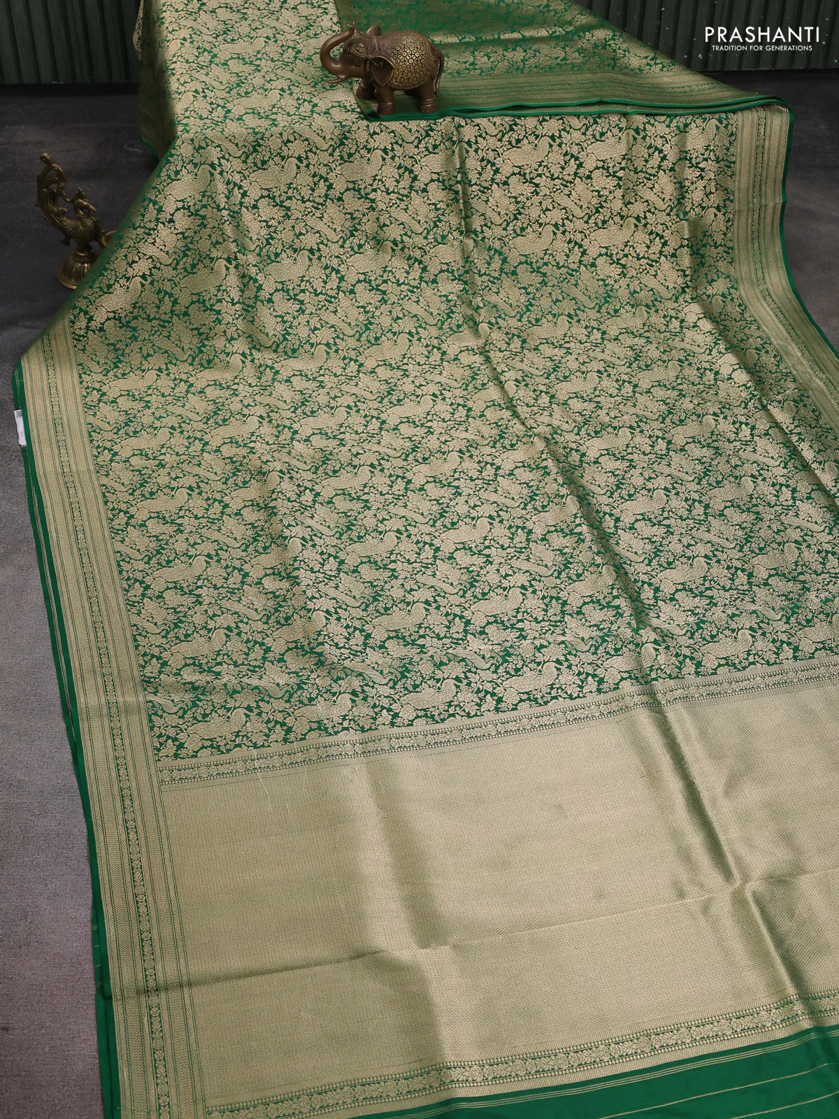 Banarasi uppada silk saree green with allover zari woven brocade weaves and zari woven border - Image 2