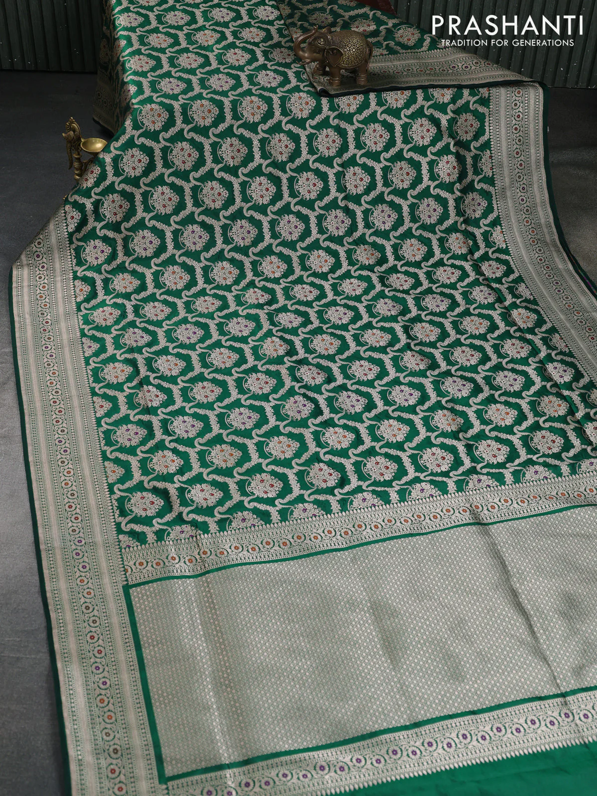 Banarasi uppada silk saree green with allover zari woven brocade weaves and zari woven border - Image 2