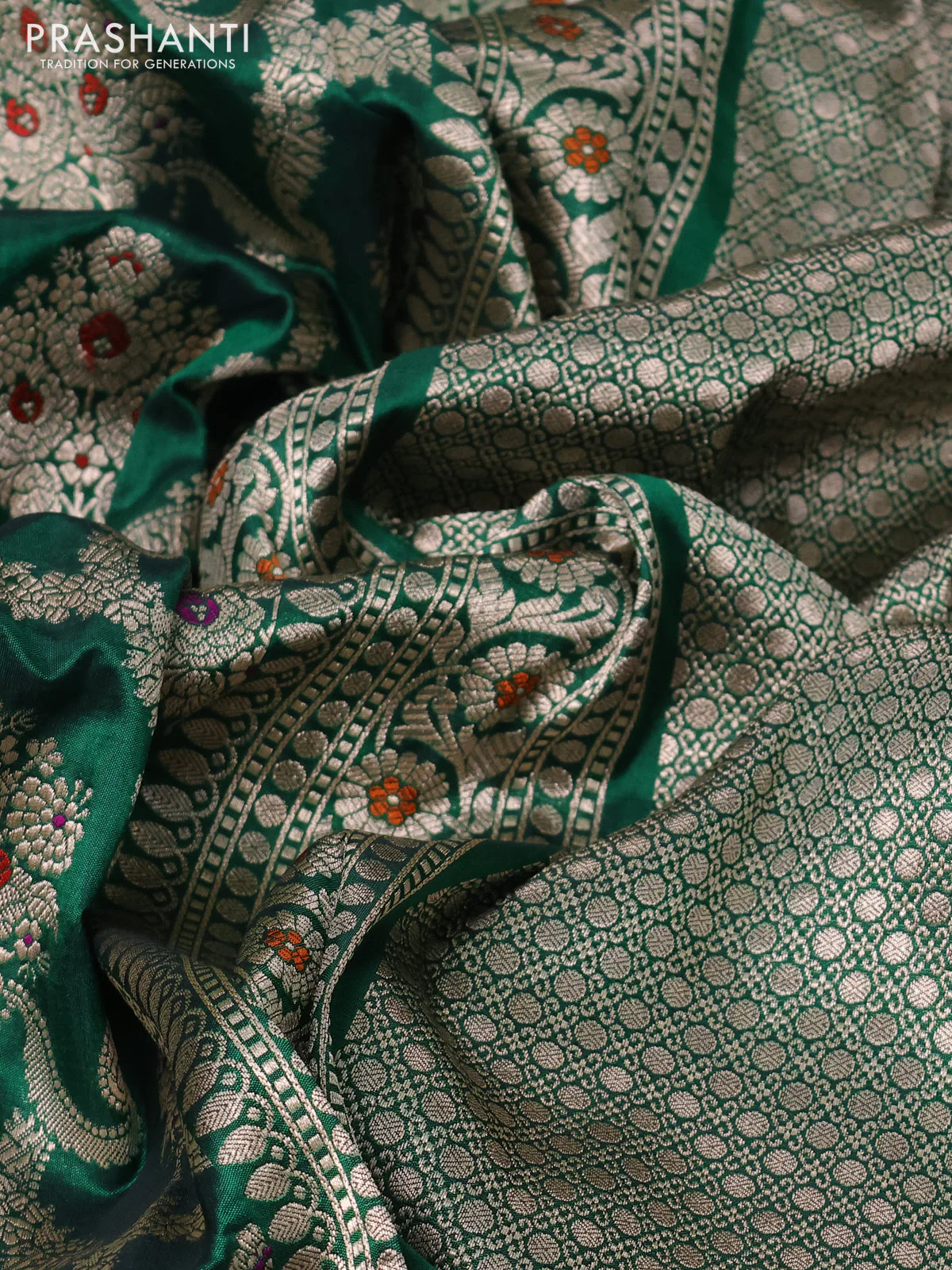 Banarasi uppada silk saree green with allover zari woven brocade weaves and zari woven border - Image 3