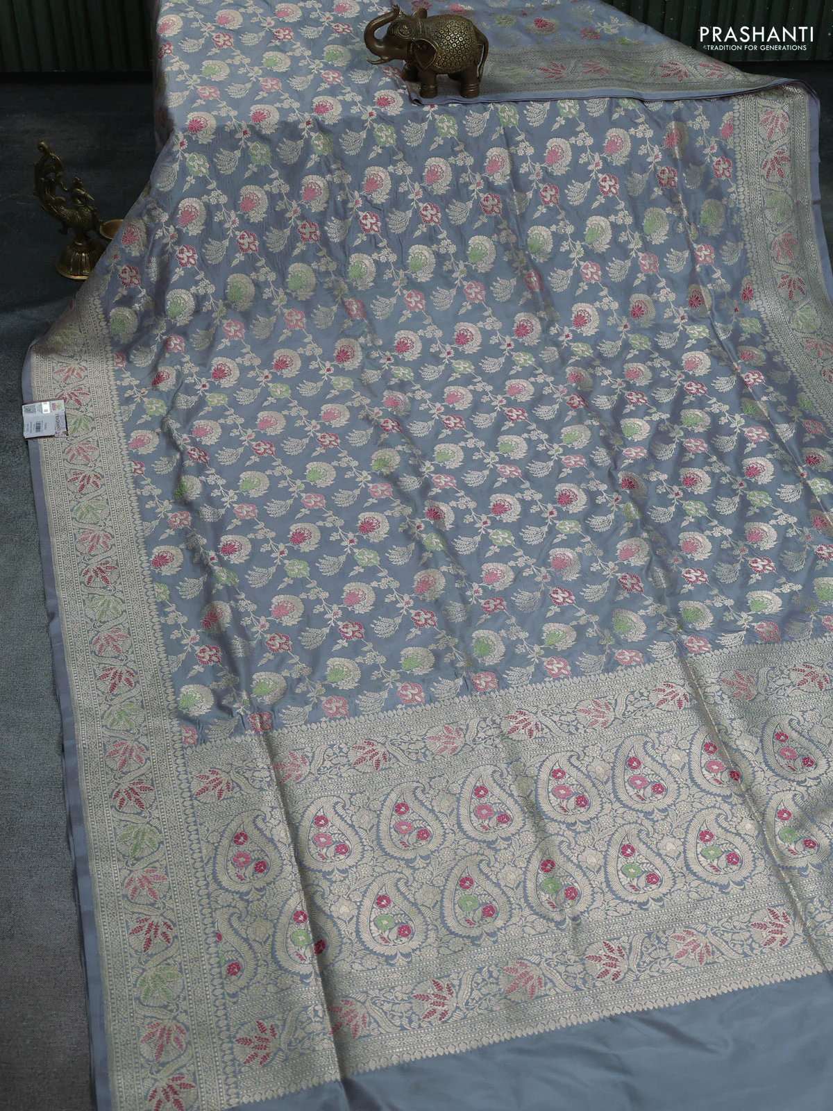 Banarasi uppada silk saree grey with allover zari woven brocade weaves and zari woven border - Image 2