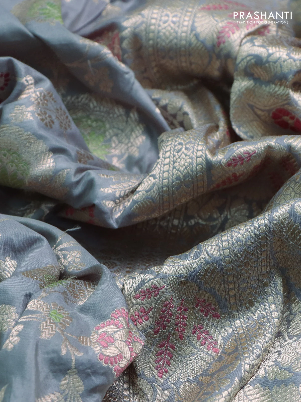 Banarasi uppada silk saree grey with allover zari woven brocade weaves and zari woven border - Image 3