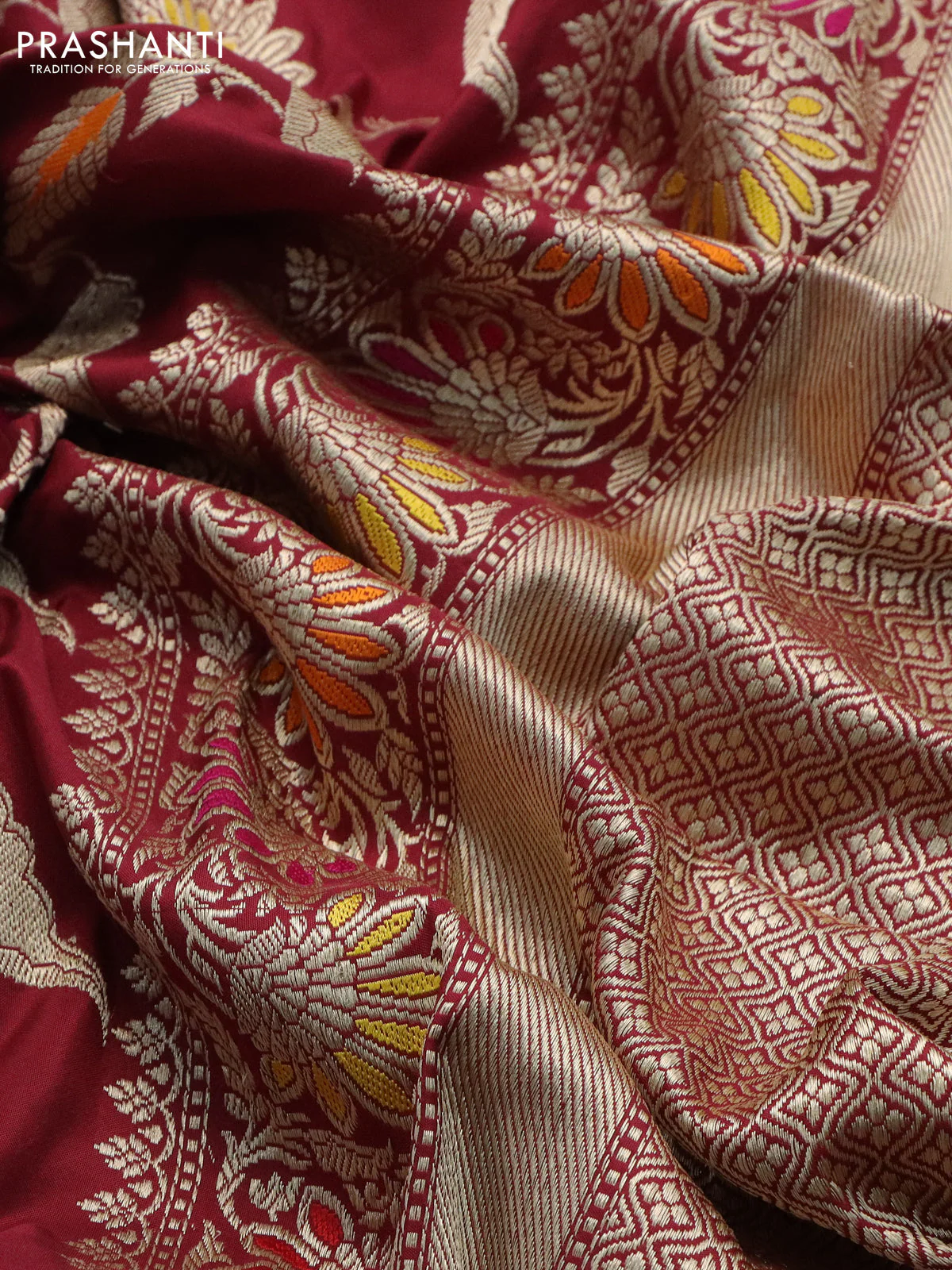 Banarasi uppada silk saree maroon with allover zari woven brocade weaves and zari woven border - Image 3