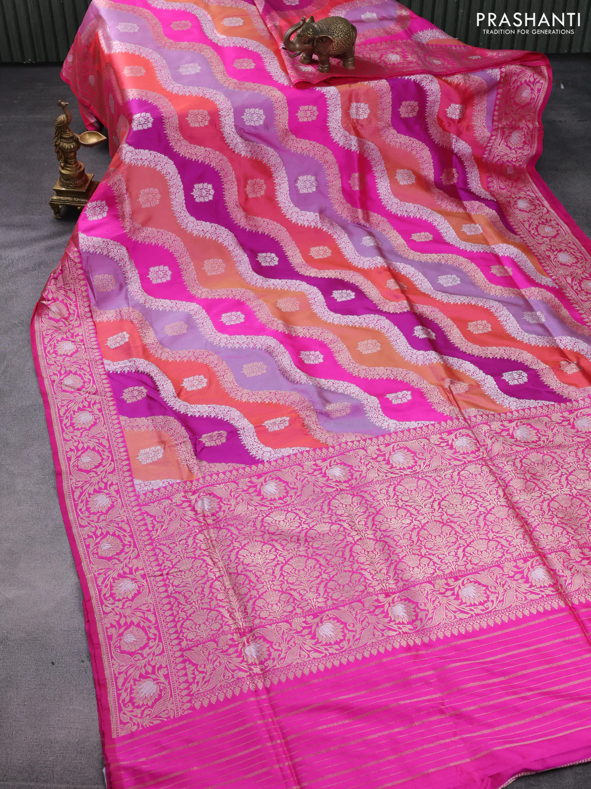 Banarasi uppada silk saree multi colour with allover silver & gold zari weaves and zari woven border - Image 2