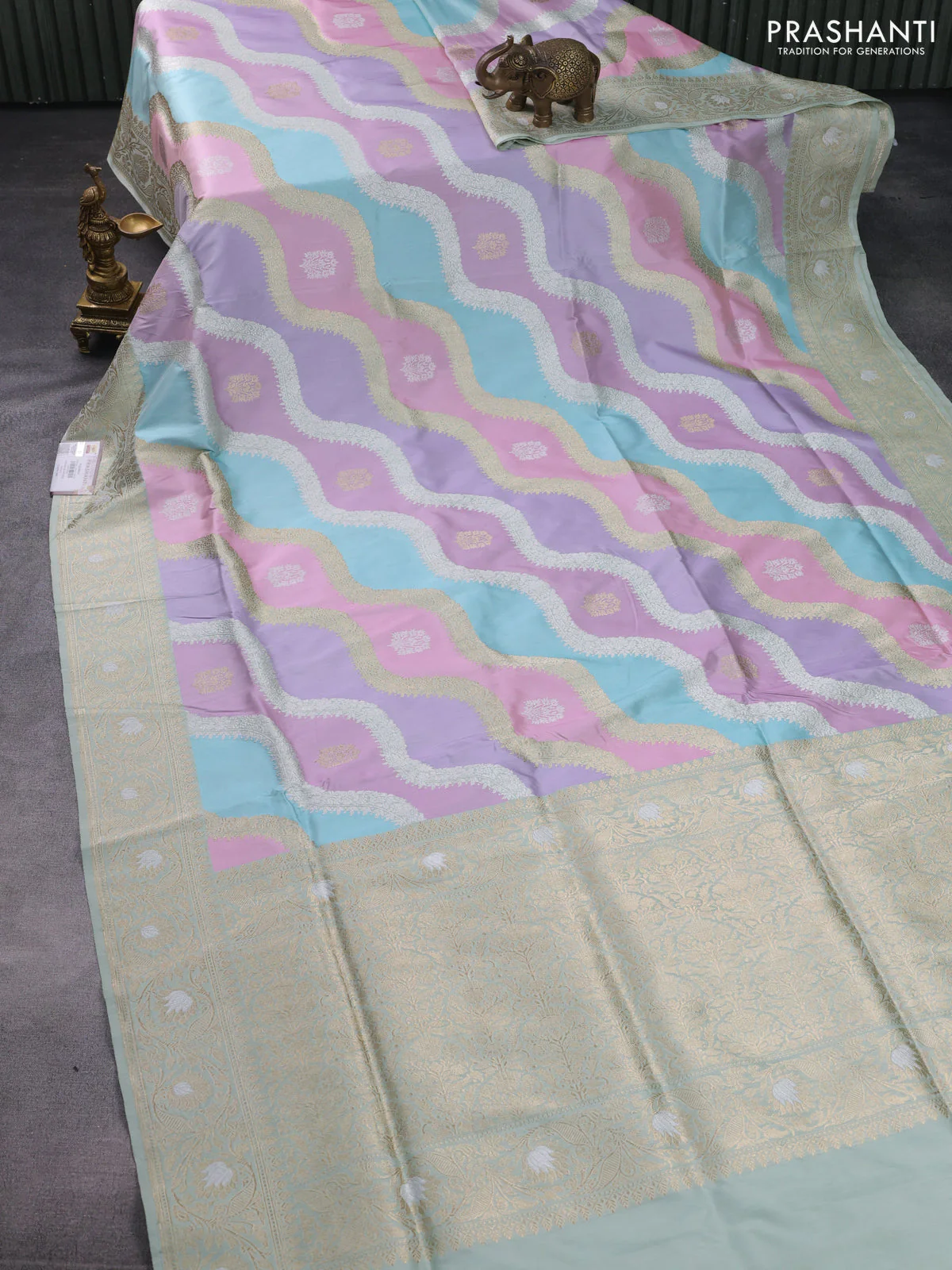 Banarasi uppada silk saree multi colour with allover silver & gold zari weaves and zari woven border - Image 2