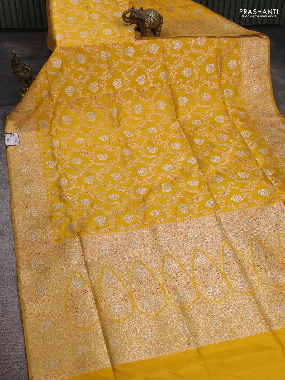Banarasi uppada silk saree mustard yellow with allover zari woven brocade weaves and zari woven border - Image 2