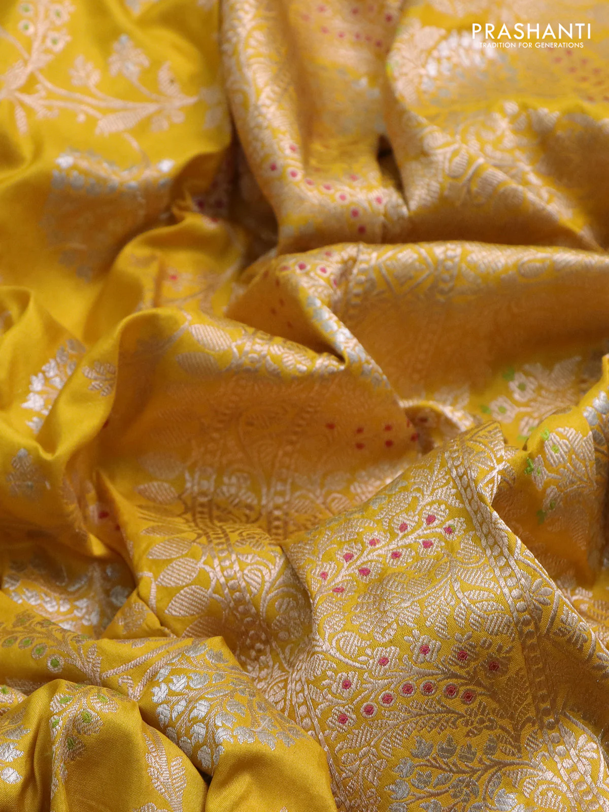 Banarasi uppada silk saree mustard yellow with allover zari woven brocade weaves and zari woven border - Image 3
