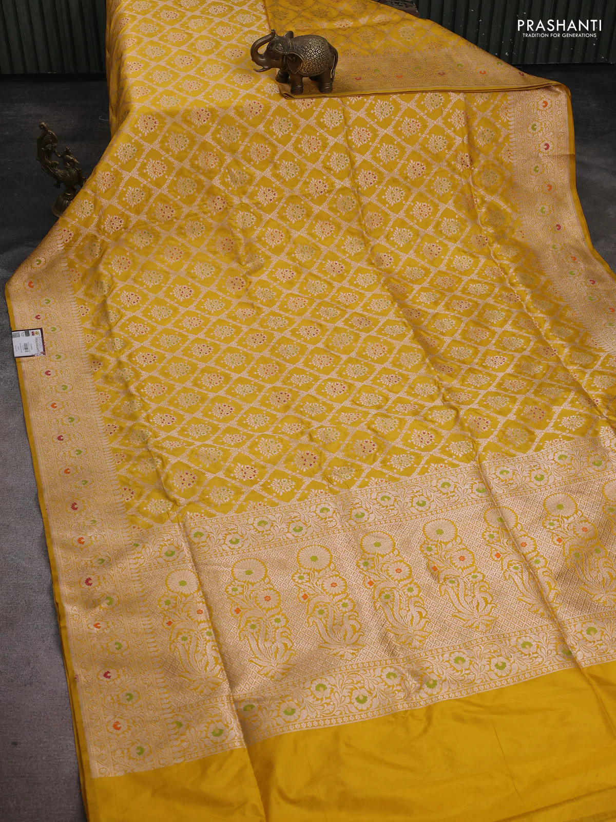 Banarasi uppada silk saree mustard yellow with allover zari woven brocade weaves and zari woven border - Image 2