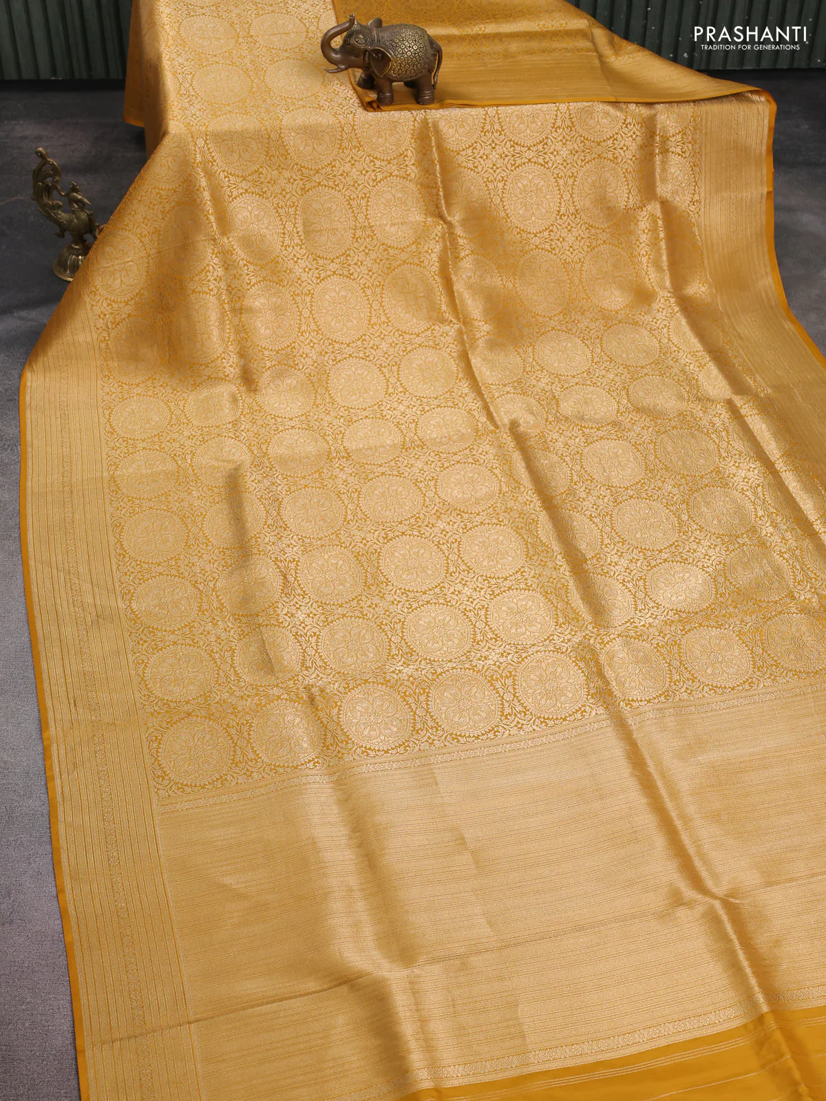 Banarasi uppada silk saree mustard yellow with allover zari woven brocade weaves and zari woven border - Image 2