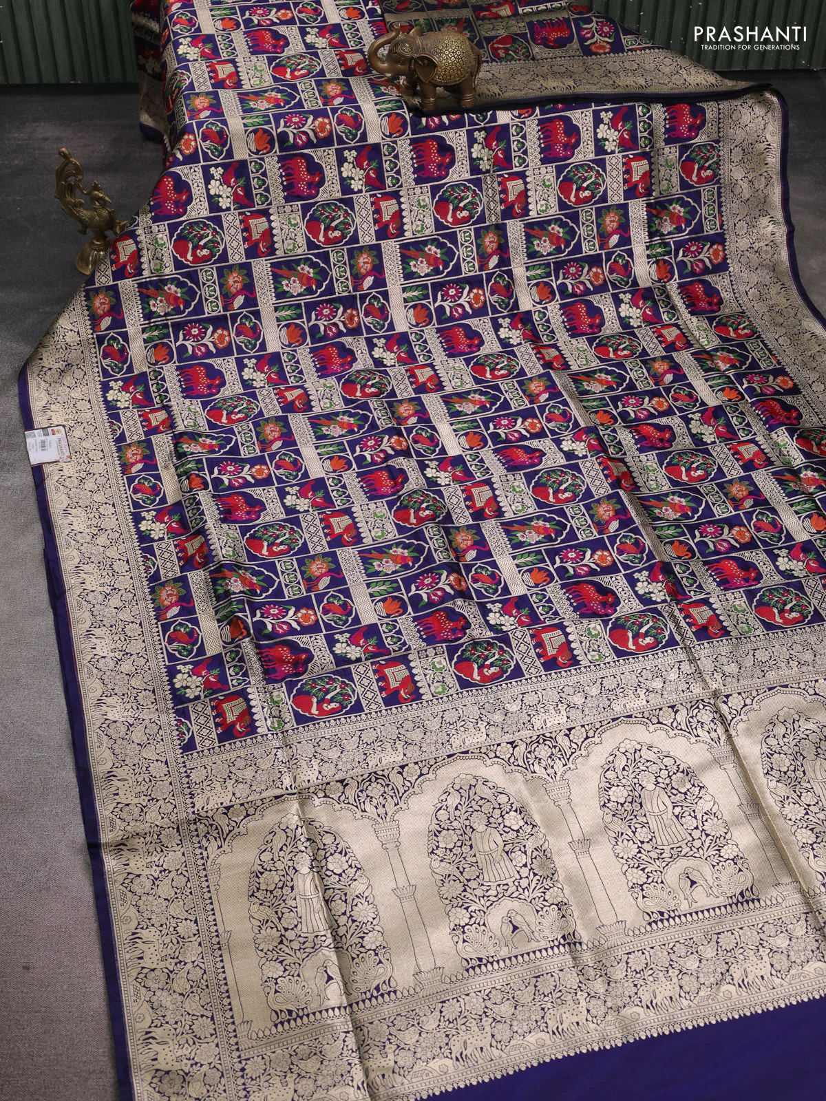 Banarasi uppada silk saree navy blue with allover thread & zari weaves and zari woven border - Image 2