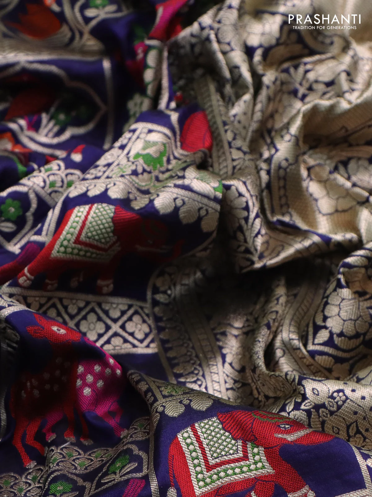 Banarasi uppada silk saree navy blue with allover thread & zari weaves and zari woven border - Image 3