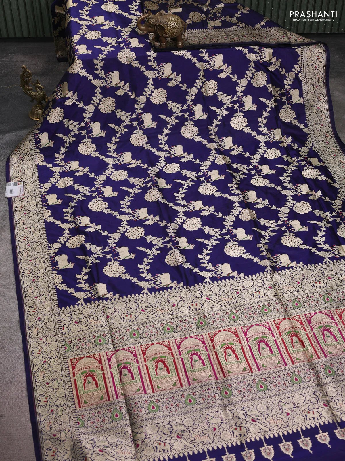Banarasi uppada silk saree navy blue with allover zari woven pichwai weaves and zari woven border - Image 2