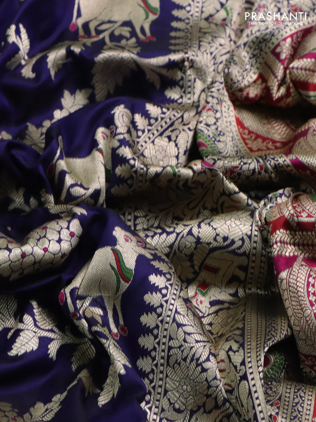 Banarasi uppada silk saree navy blue with allover zari woven pichwai weaves and zari woven border - Image 3