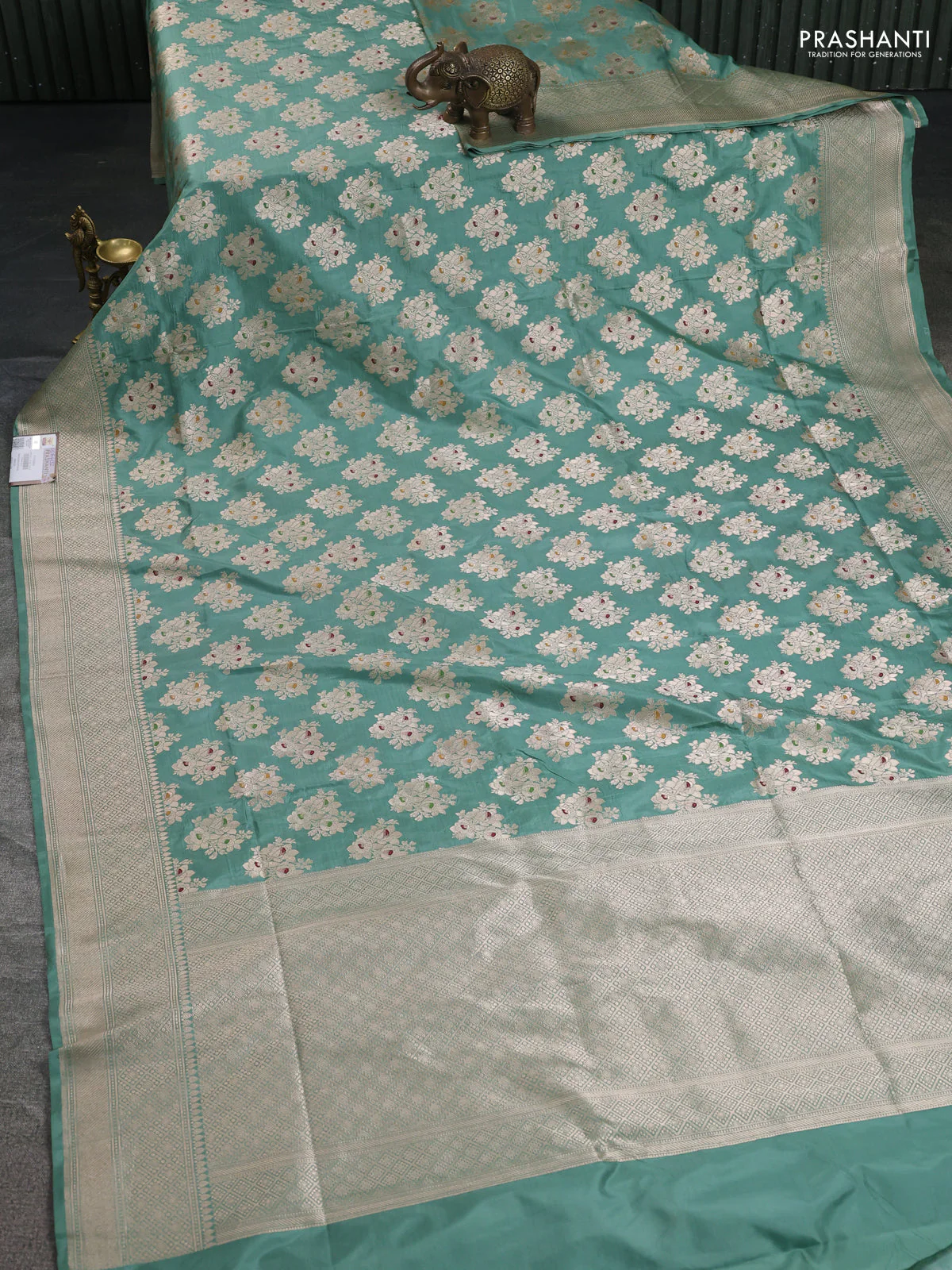 Banarasi uppada silk saree pastel green with allover zari woven butta weaves and zari woven border - Image 2
