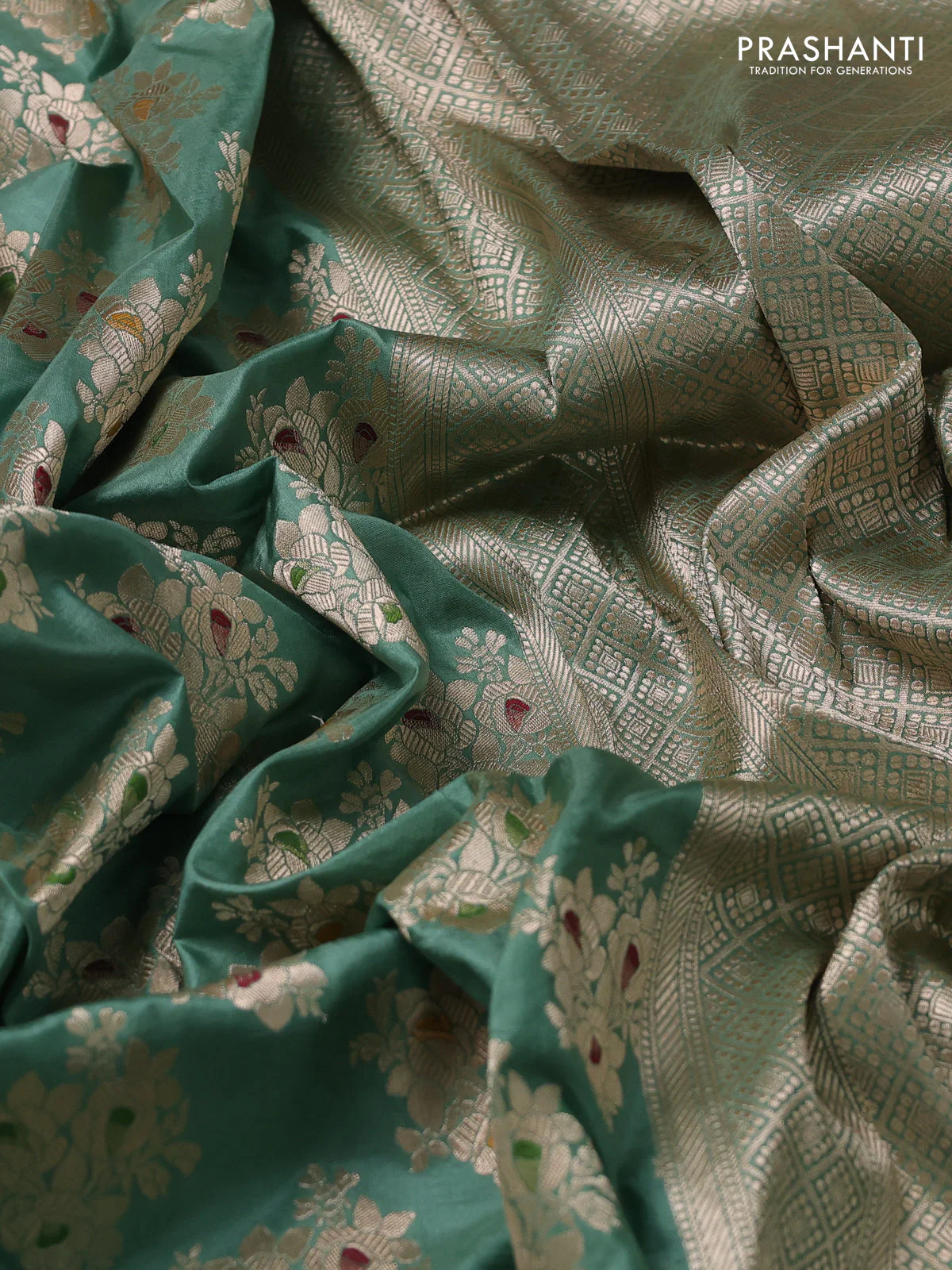 Banarasi uppada silk saree pastel green with allover zari woven butta weaves and zari woven border - Image 3