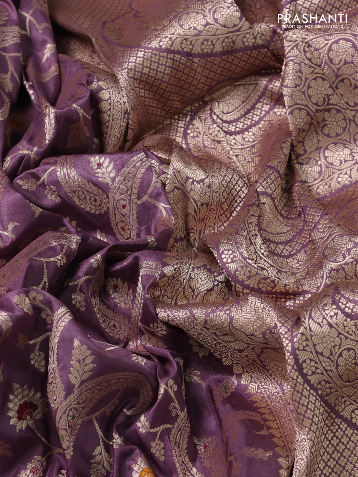 Banarasi uppada silk saree pastel lavender with allover zari woven brocade weaves and zari woven border - Image 3