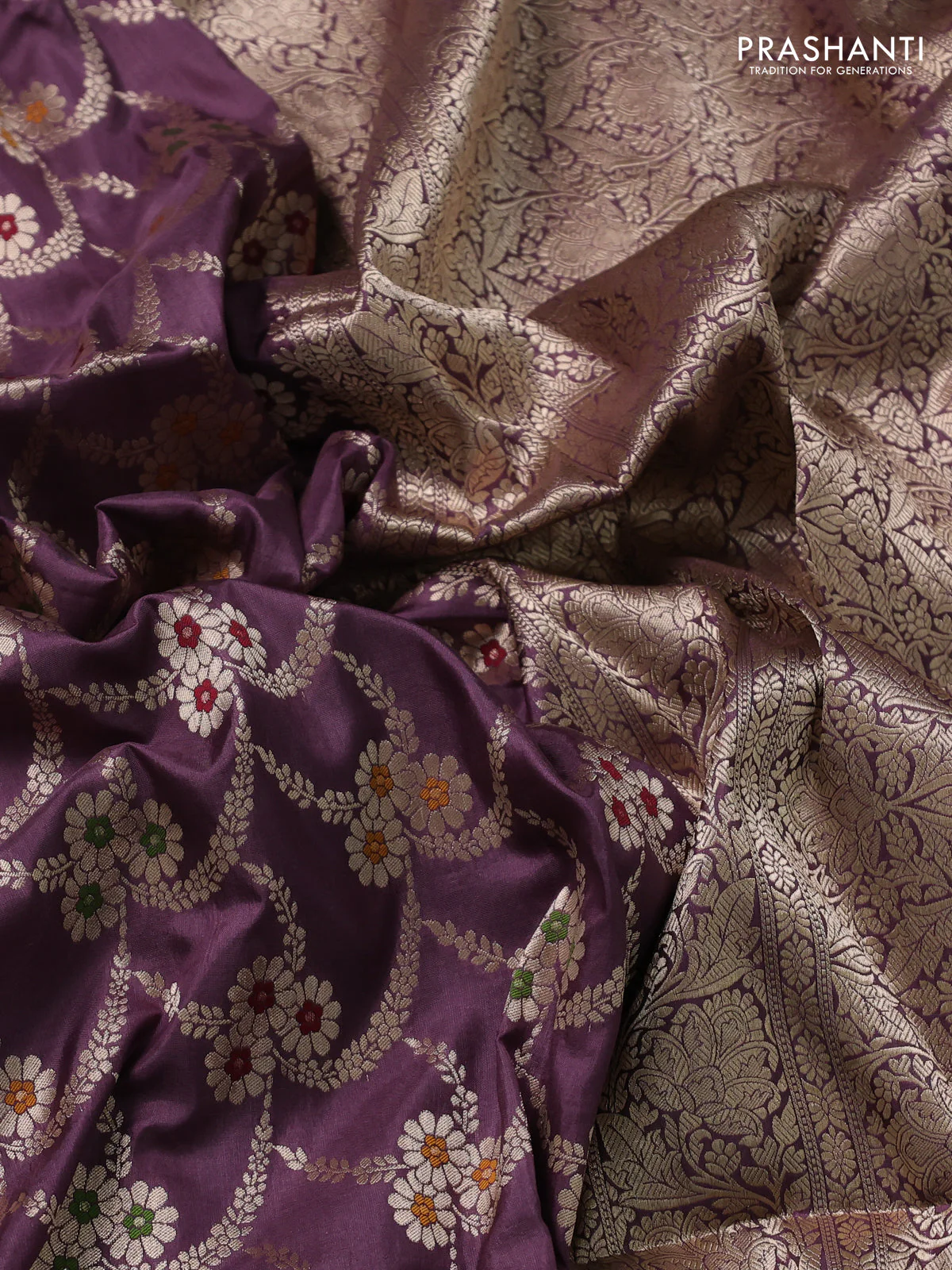 Banarasi uppada silk saree pastel lavender with allover zari woven brocade weaves and zari woven border - Image 3