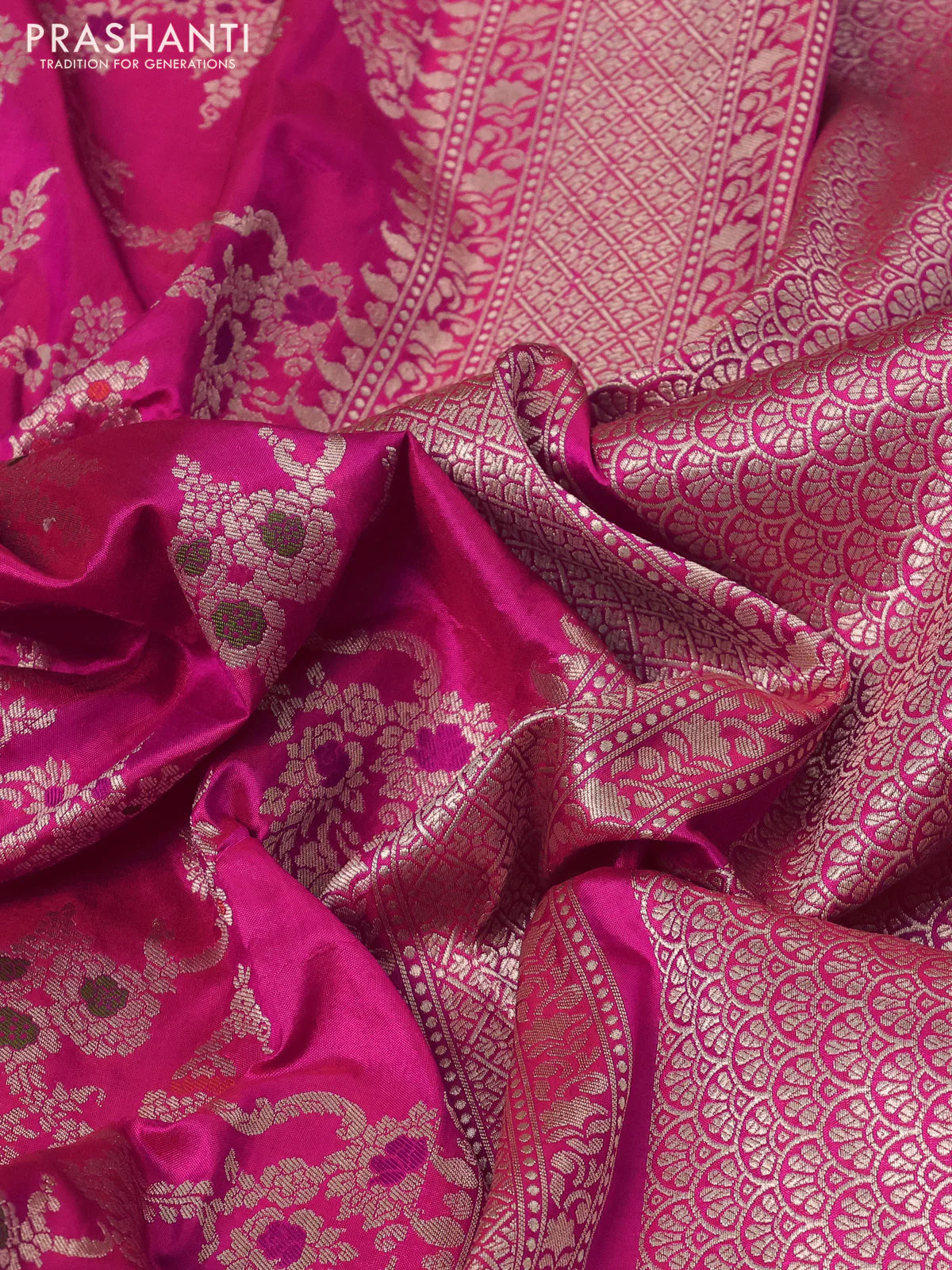Banarasi uppada silk saree pink with allover zari woven brocade weaves and zari woven border - Image 3