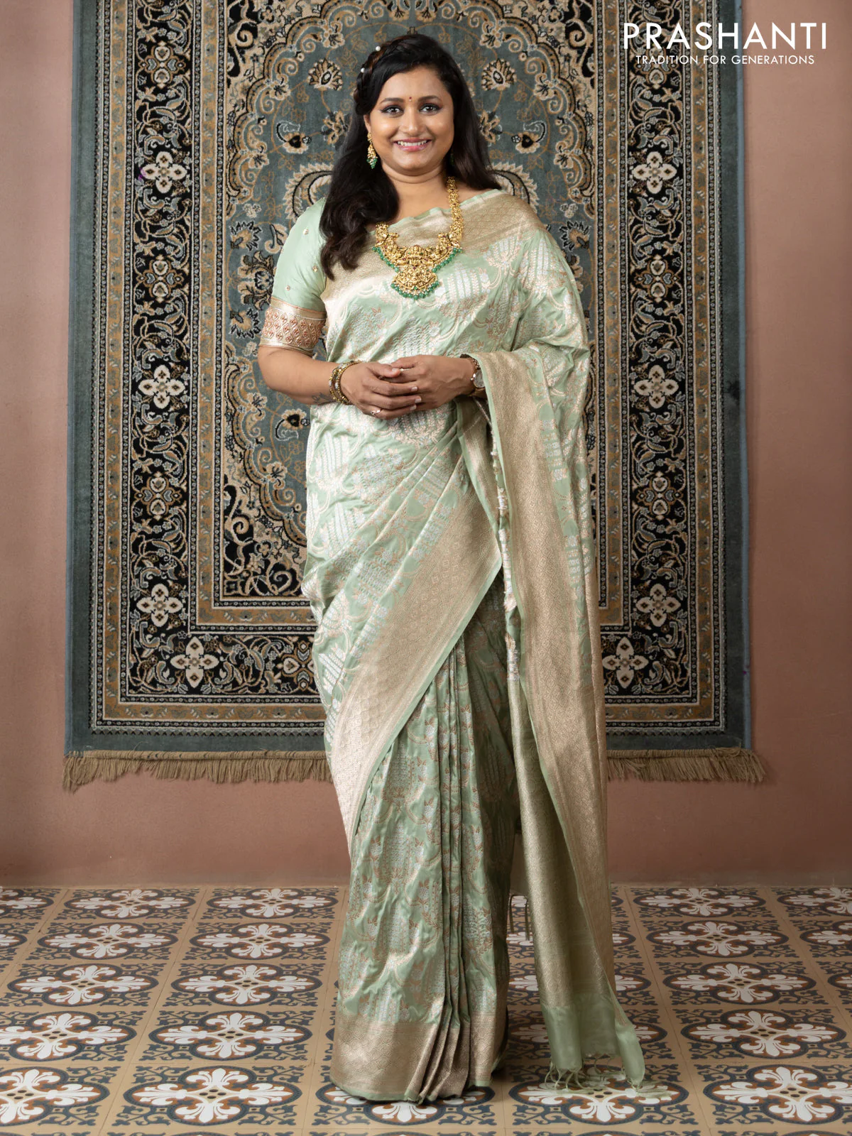 Banarasi uppada silk saree pista green with allover silver & gold zari weaves and zari woven border - Image 2