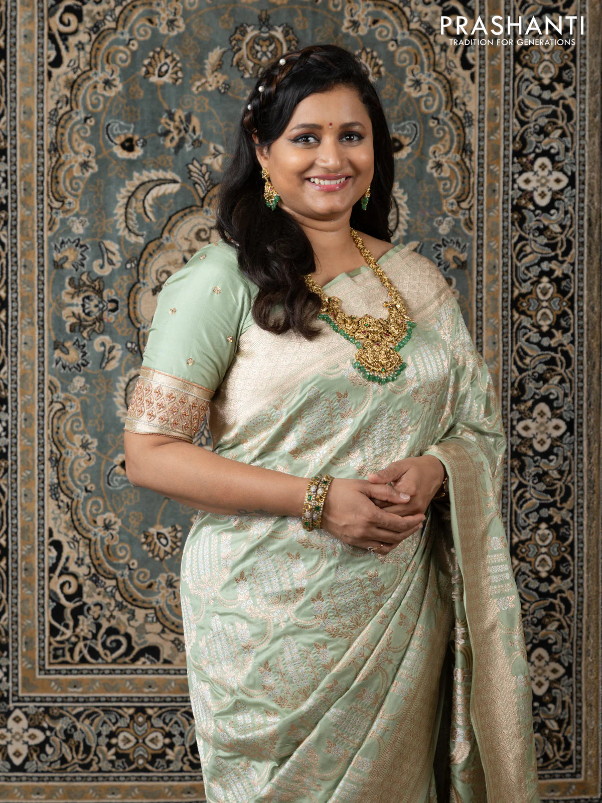Banarasi uppada silk saree pista green with allover silver & gold zari weaves and zari woven border - Image 3