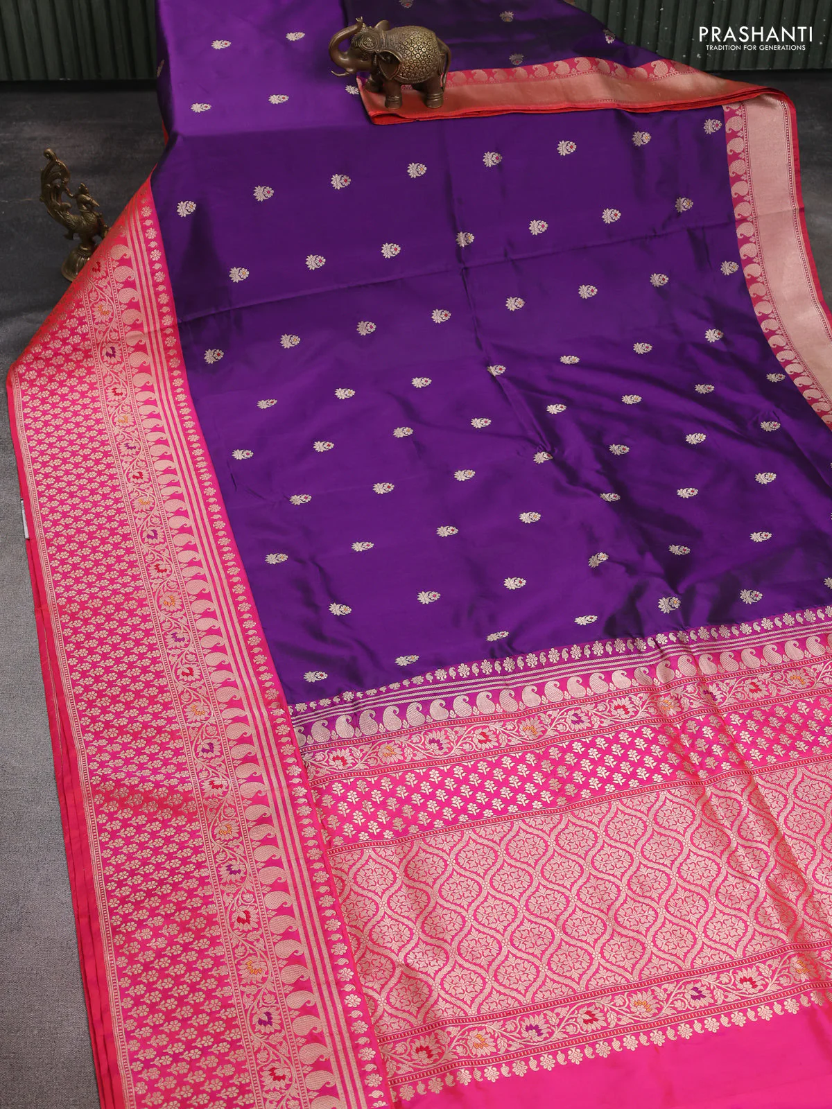 Banarasi uppada silk saree purple and pink with zari woven buttas and long zari woven border - Image 2