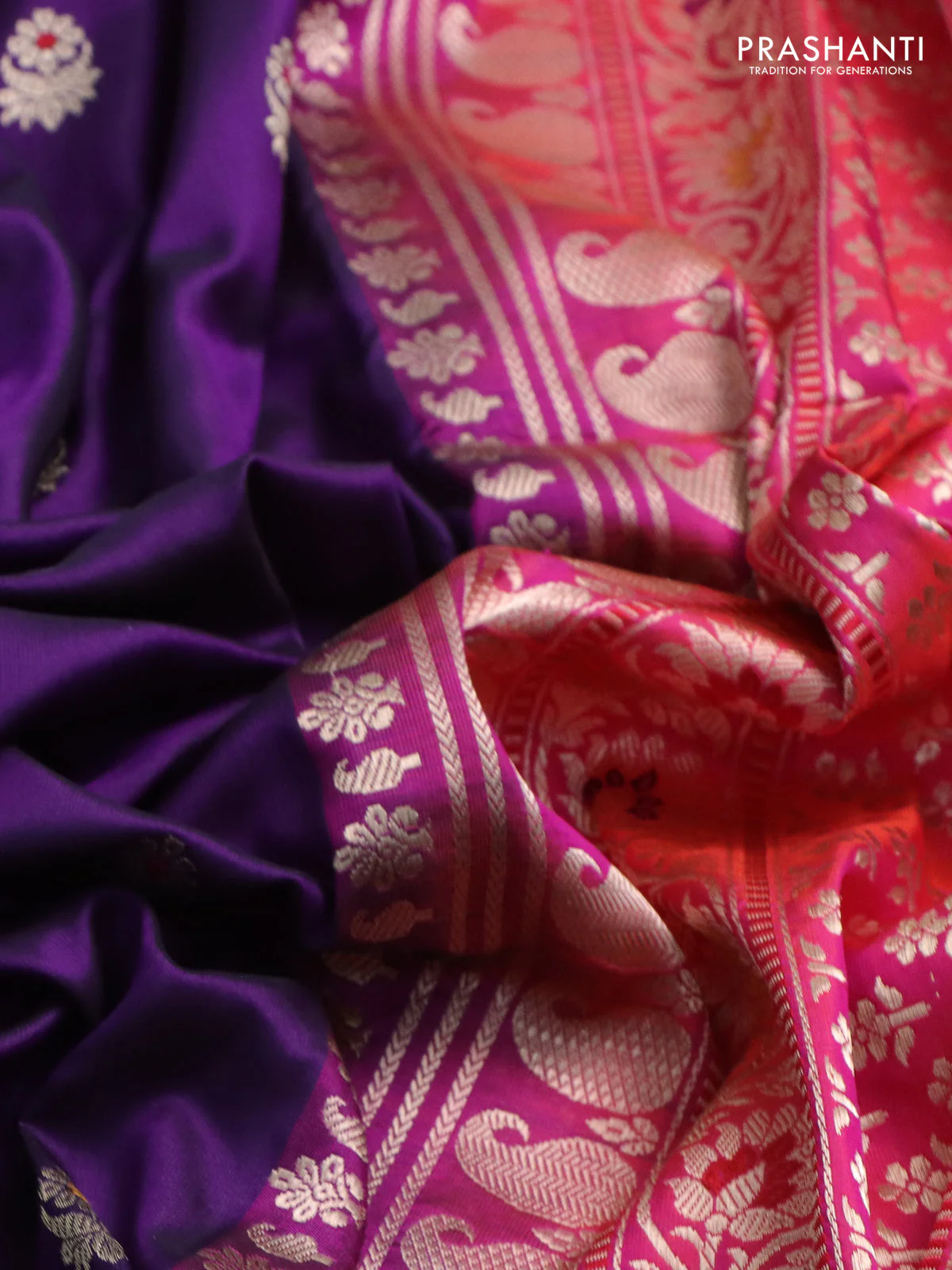 Banarasi uppada silk saree purple and pink with zari woven buttas and long zari woven border - Image 3