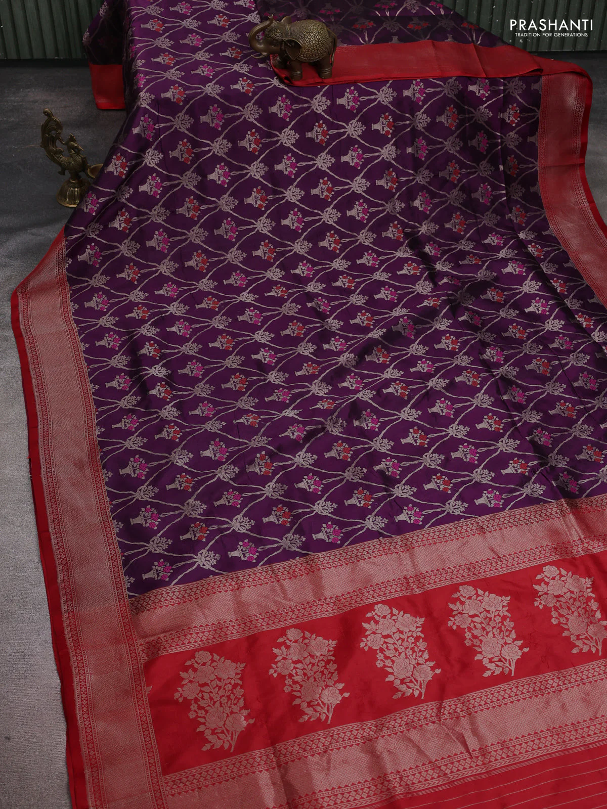 Banarasi uppada silk saree purple and red with zari weaves & buttas and zari woven border - Image 2