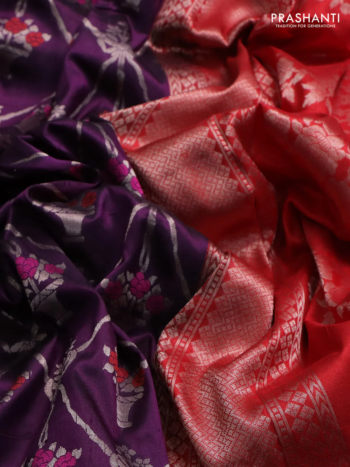 Banarasi uppada silk saree purple and red with zari weaves & buttas and zari woven border - Image 3