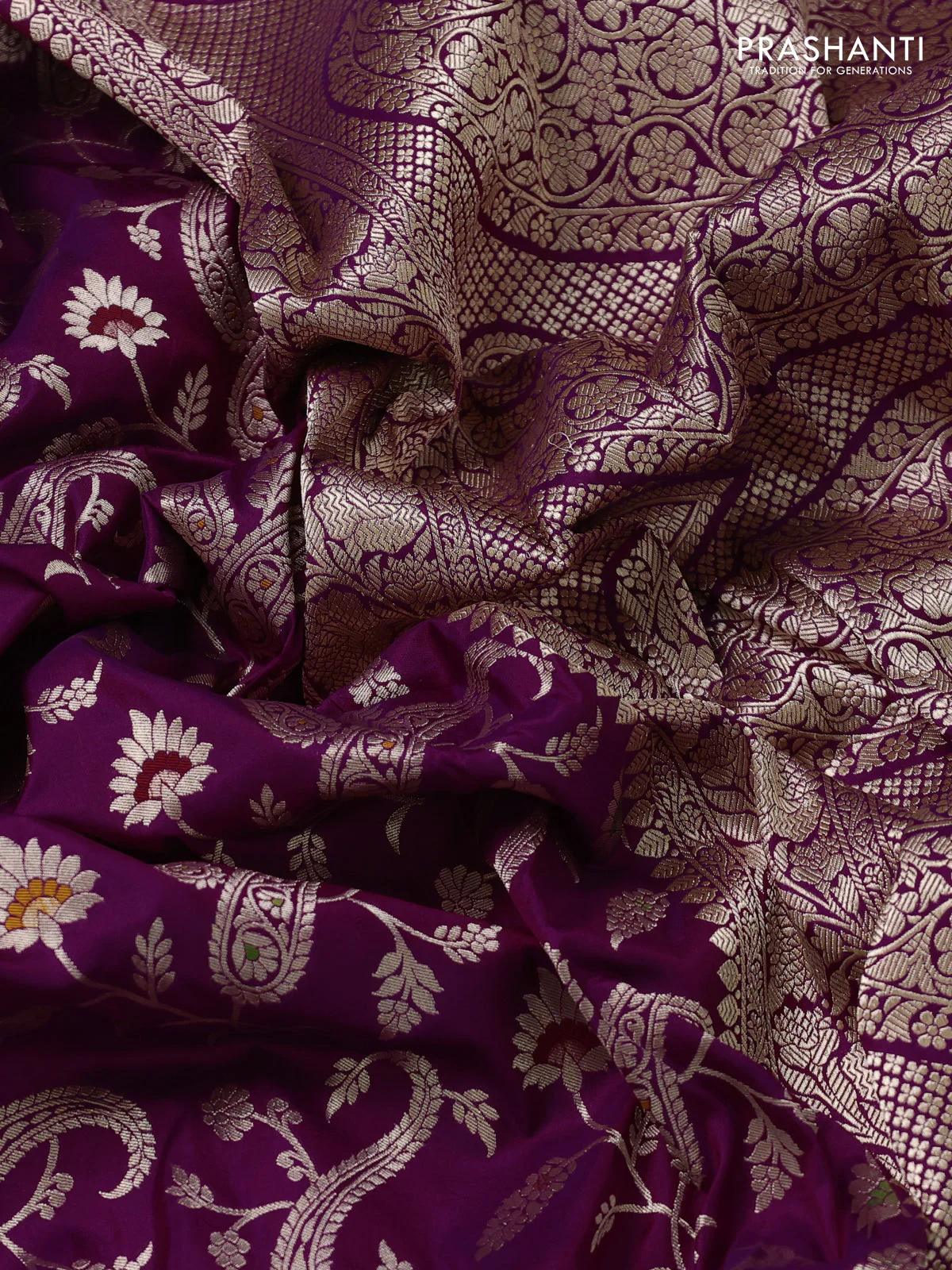 Banarasi uppada silk saree purple with allover zari woven brocade weaves and zari woven border - Image 3