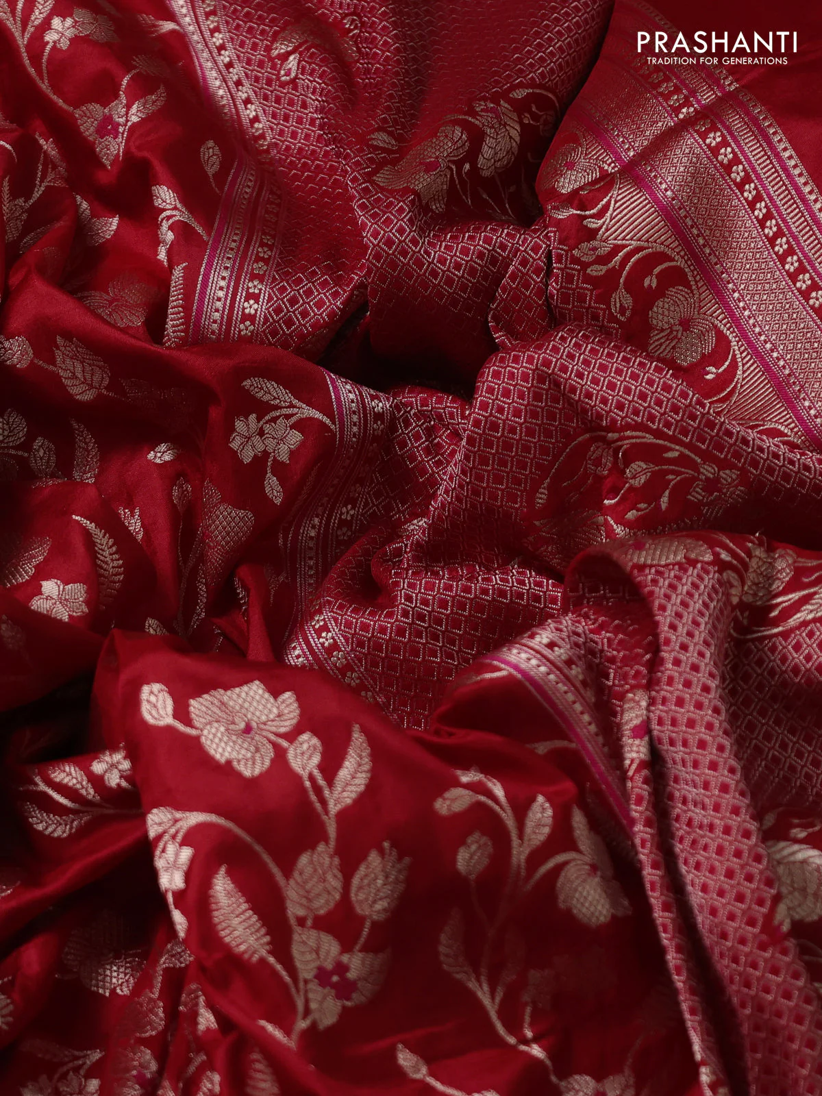 Banarasi uppada silk saree red with allover zari woven brocade weaves and zari woven border - Image 3