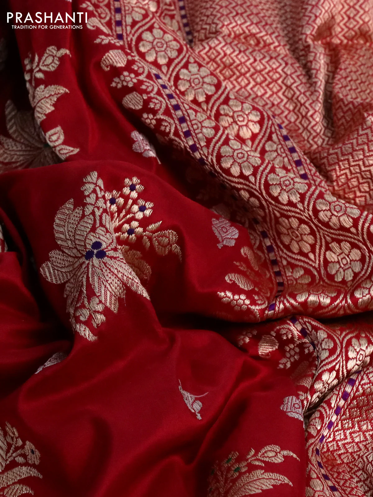 Banarasi uppada silk saree red with allover zari woven buttas and zari woven border - Image 3