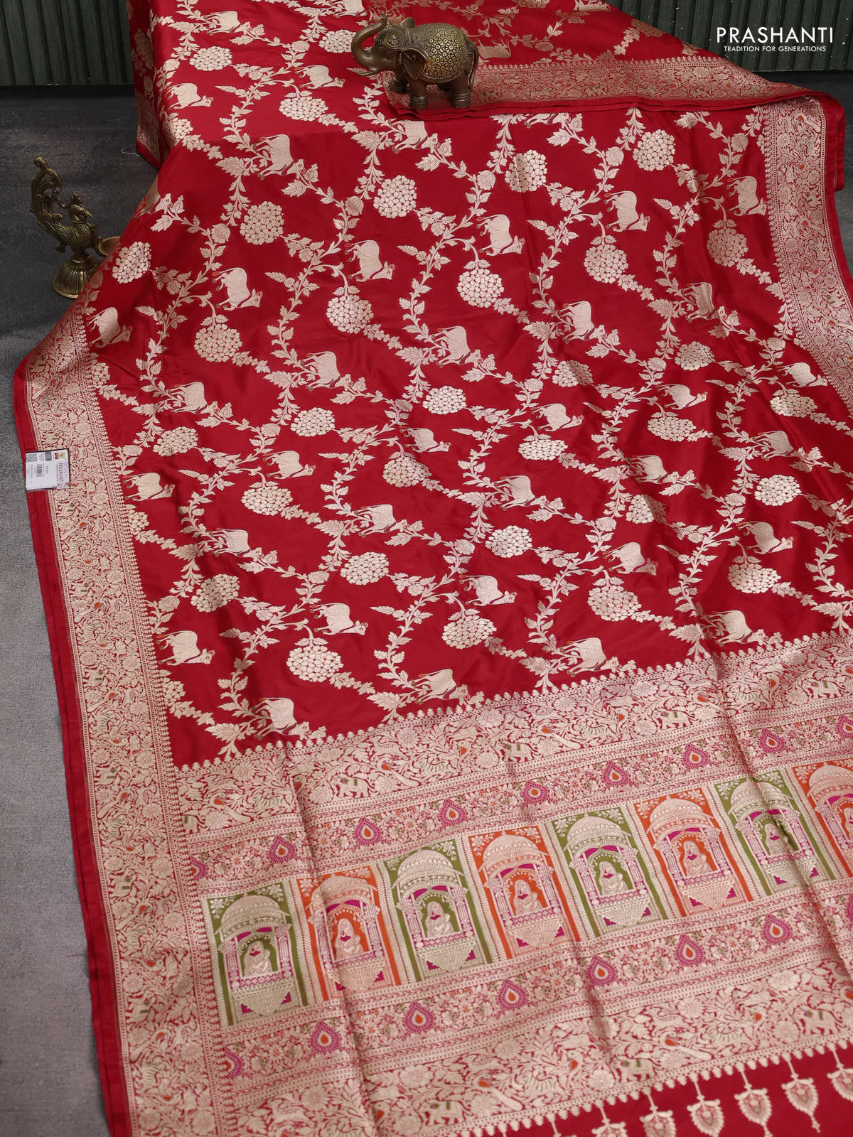 Banarasi uppada silk saree red with allover zari woven pichwai weaves and zari woven border - Image 2