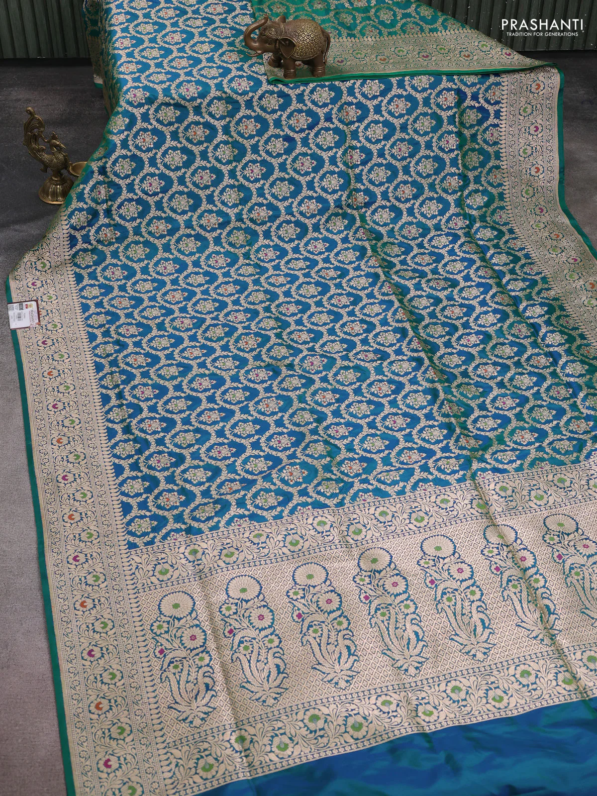 Banarasi uppada silk saree teal green with allover zari woven brocade weaves and zari woven border - Image 2