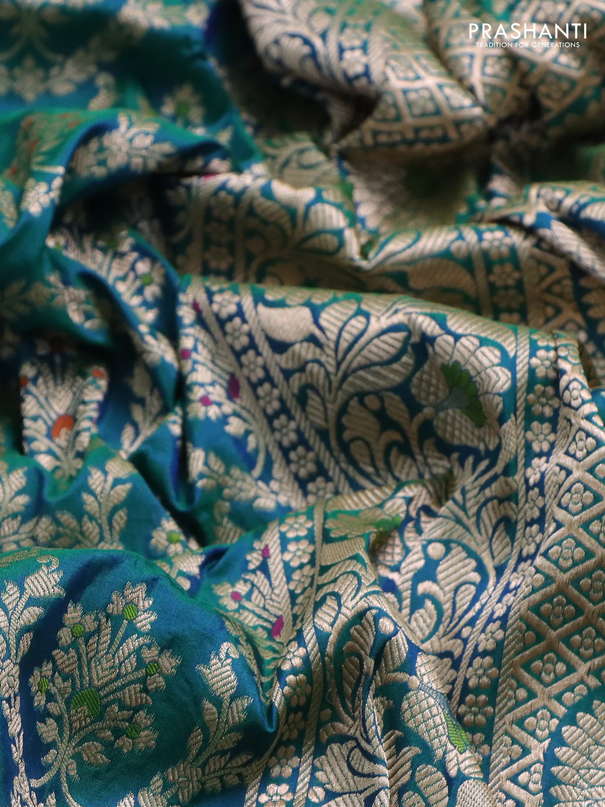 Banarasi uppada silk saree teal green with allover zari woven brocade weaves and zari woven border - Image 3