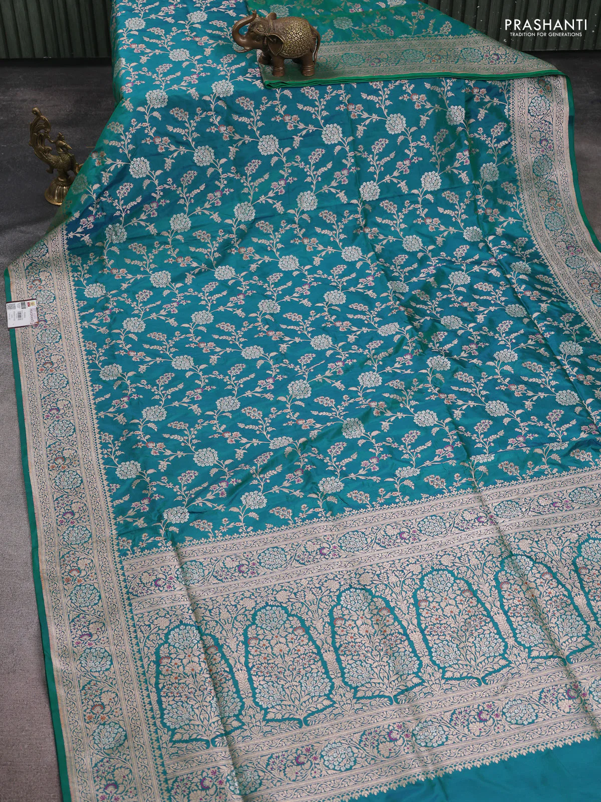 Banarasi uppada silk saree teal green with allover zari woven brocade weaves and zari woven border - Image 2
