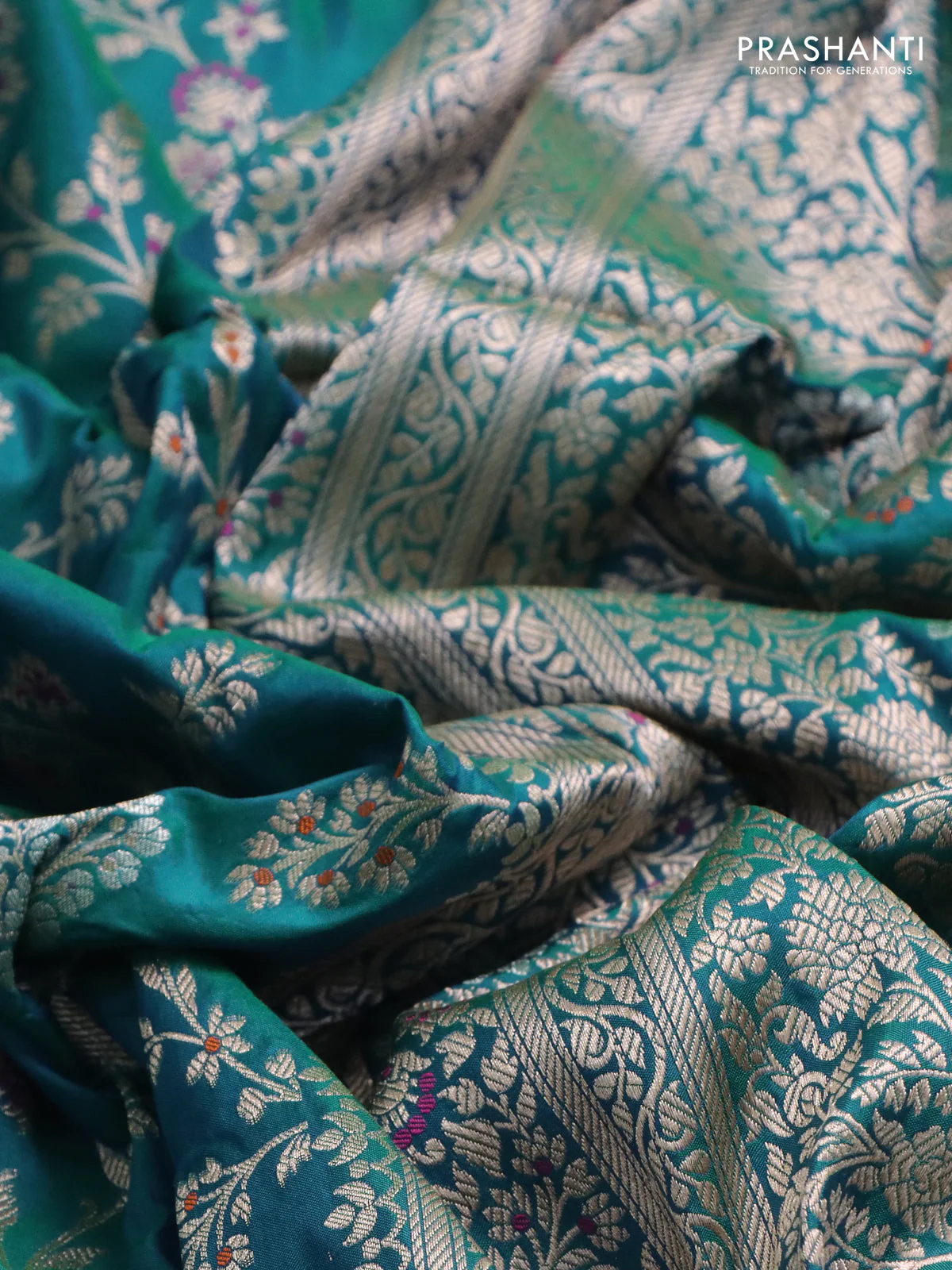 Banarasi uppada silk saree teal green with allover zari woven brocade weaves and zari woven border - Image 3