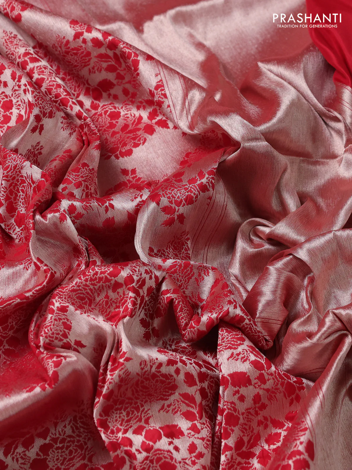 Banarasi uppada tissue silk saree red with allover zari woven brocade weaves and zari woven border - Image 3