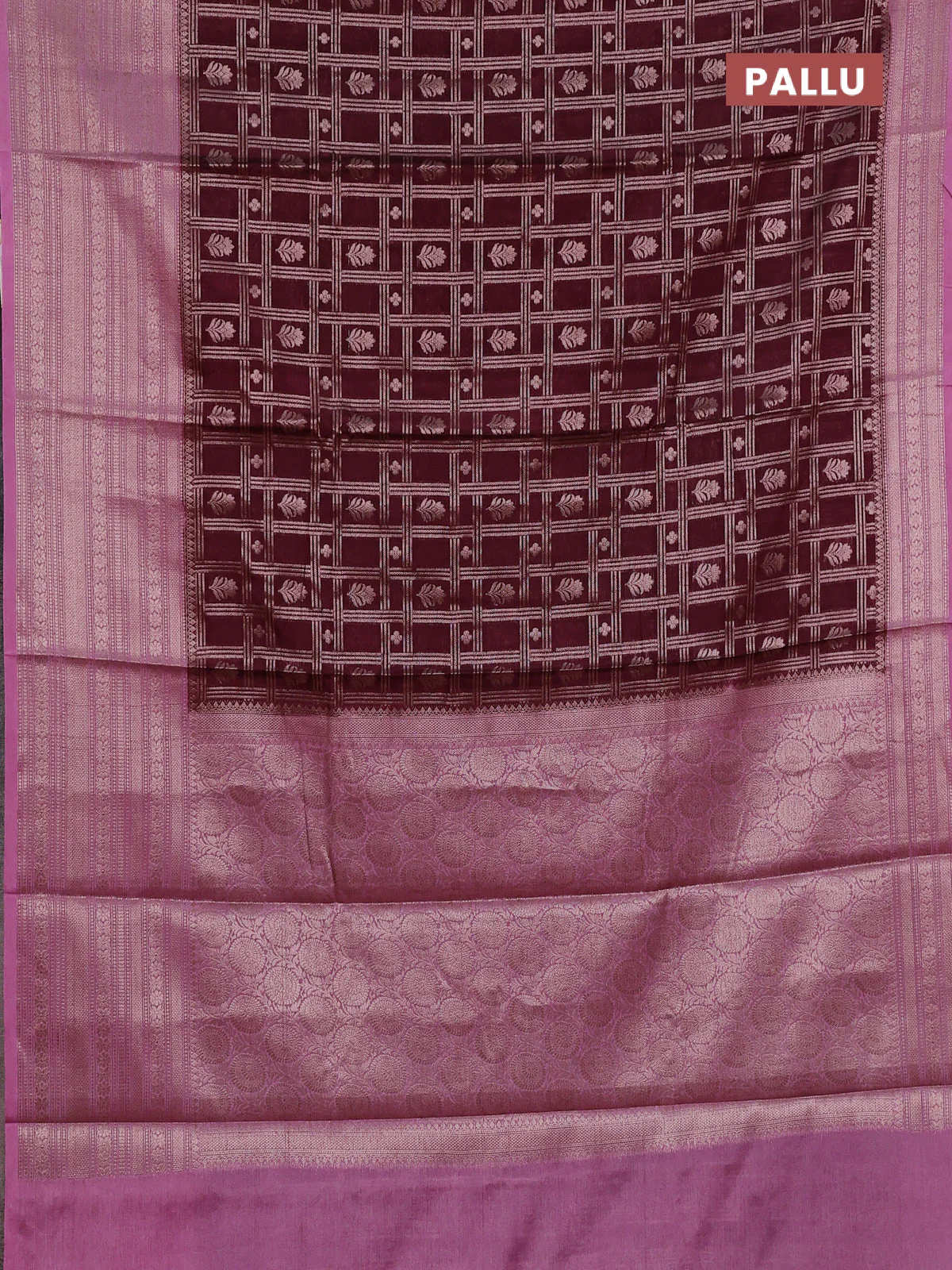 Banarasi warm silk saree coffee brown and mauve pink with allover thread & zari checked pattern and long zari woven border - Image 3