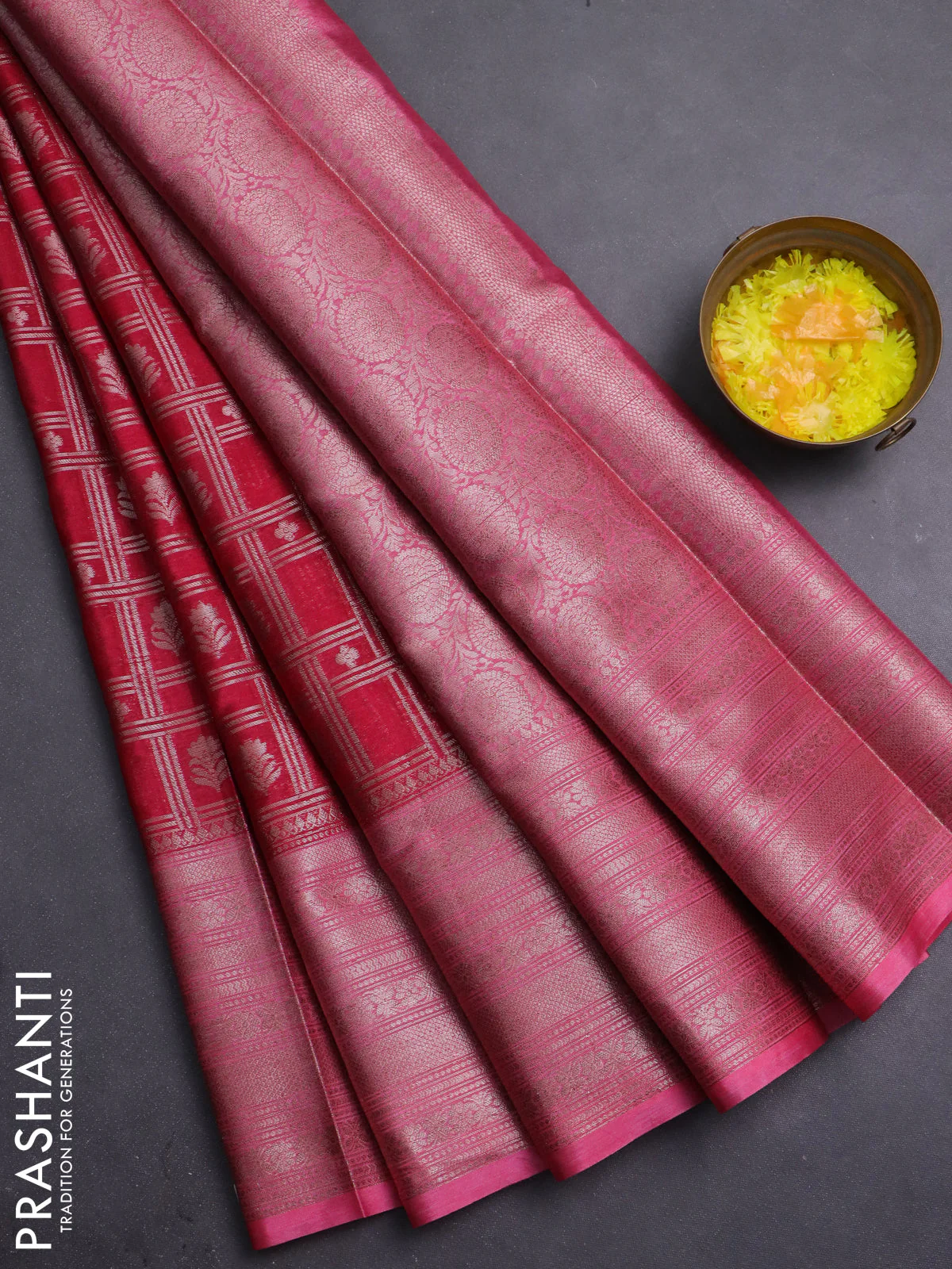 Banarasi warm silk saree dark pink and light pink with allover thread & zari checked pattern and long zari woven border
