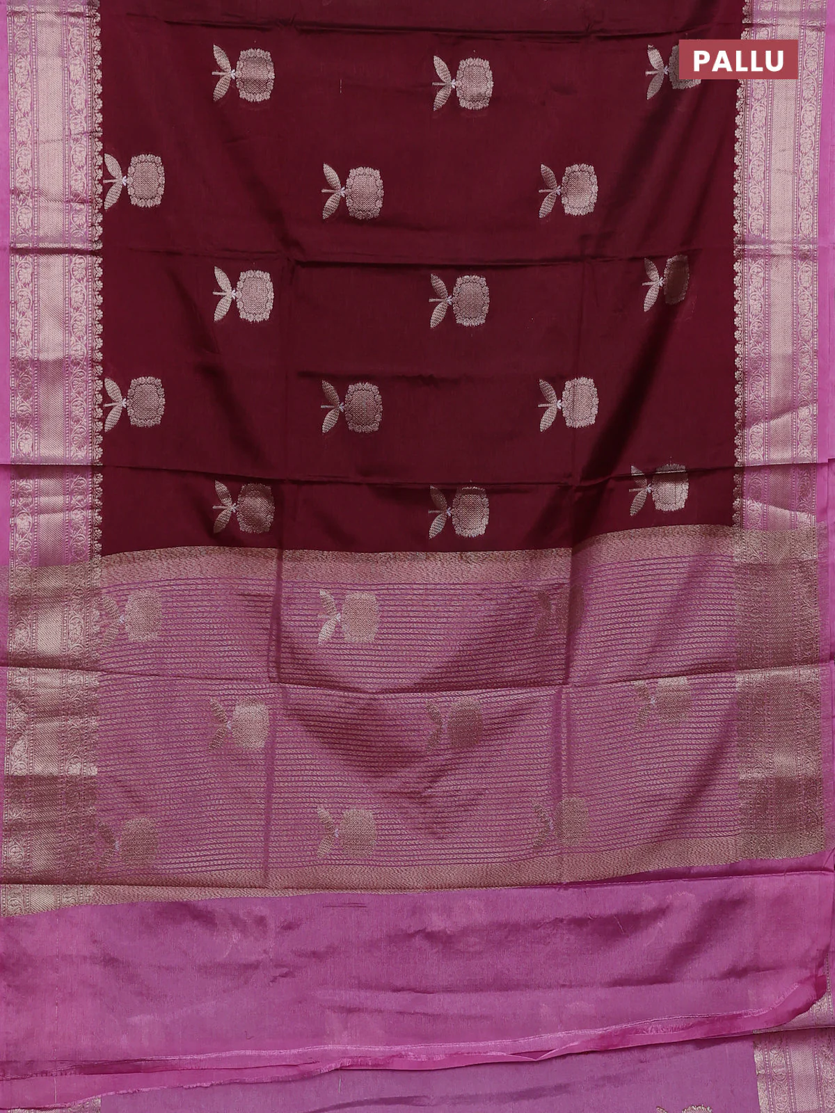 Banarasi warm silk saree deep maroon and light pink with thread & zari woven buttas and zari woven border - Image 3