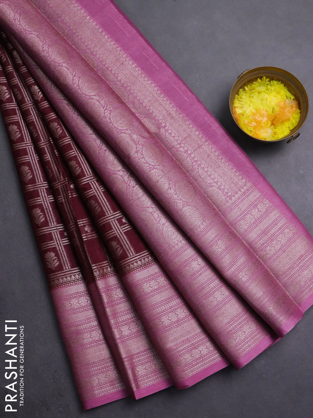 Banarasi warm silk saree deep maroon and mauve pink with allover thread & zari checked pattern and long zari woven border
