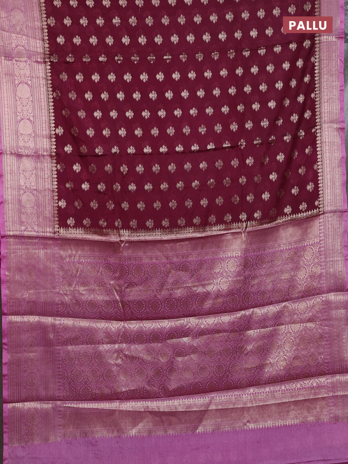 Banarasi warm silk saree deep maroon and mauve pink with allover thread & zari woven buttas and zari woven border - Image 3