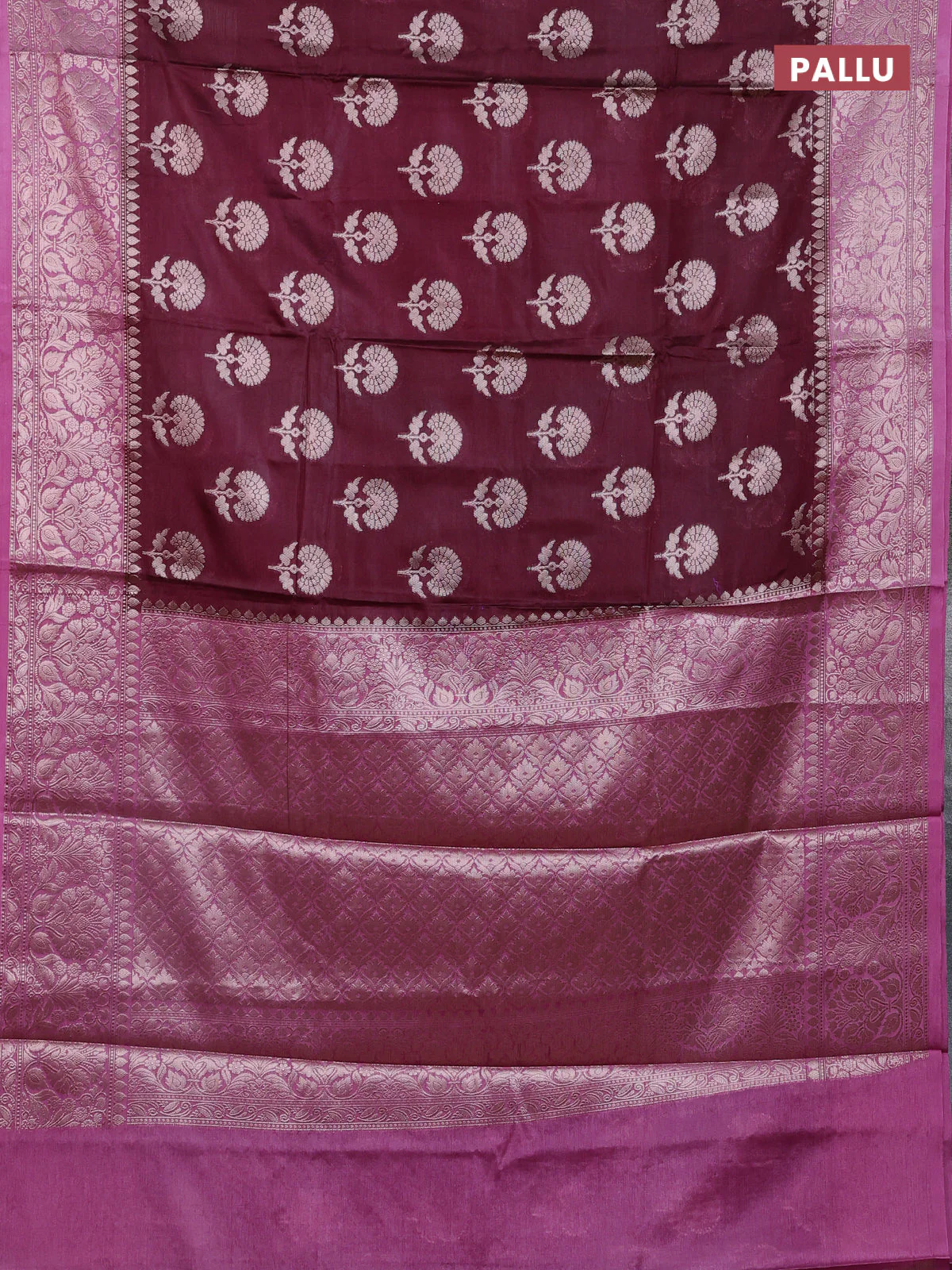 Banarasi warm silk saree deep maroon and mauve pink with allover thread & zari woven buttas and zari woven border - Image 3