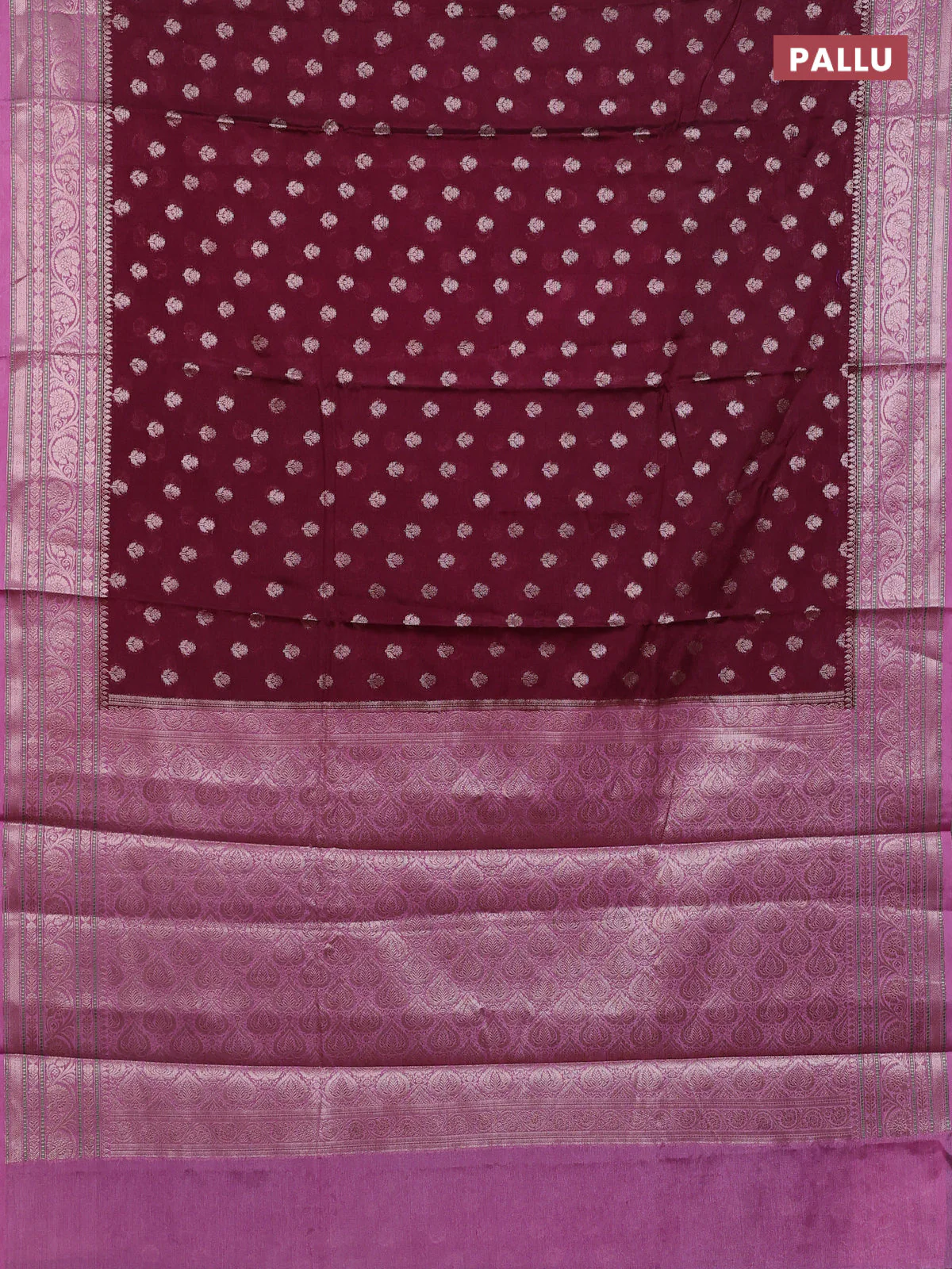 Banarasi warm silk saree deep maroon and mauve pink with allover thread & zari woven buttas and zari woven border - Image 3
