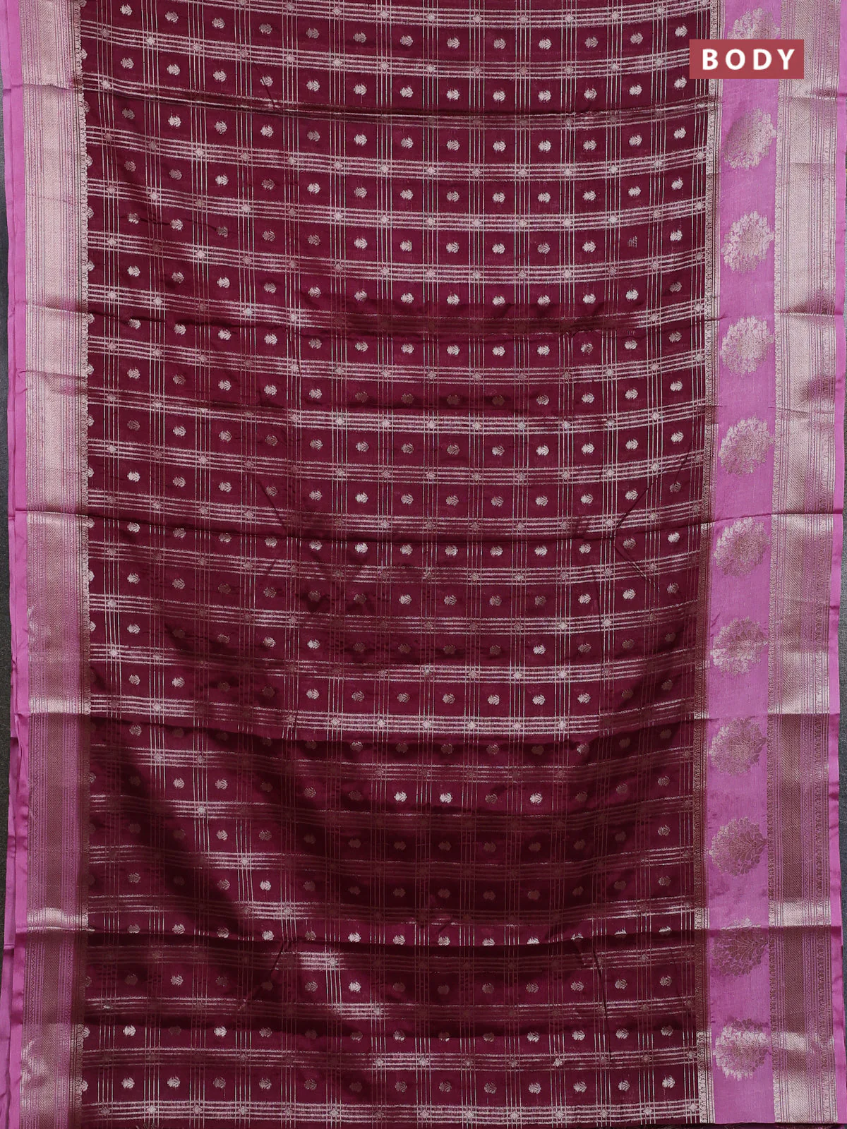 Banarasi warm silk saree deep wine shade and mauve pink with allover thread & zari checked pattern and zari woven border - Image 2