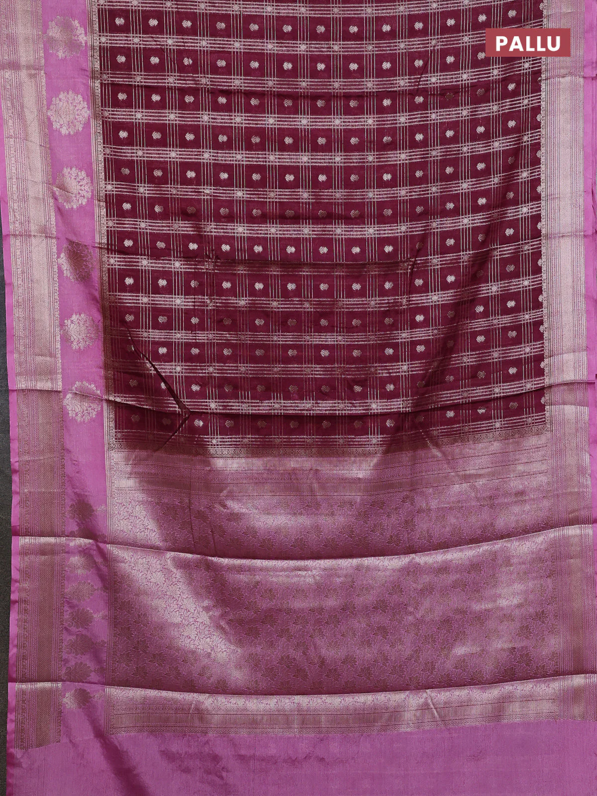 Banarasi warm silk saree deep wine shade and mauve pink with allover thread & zari checked pattern and zari woven border - Image 3